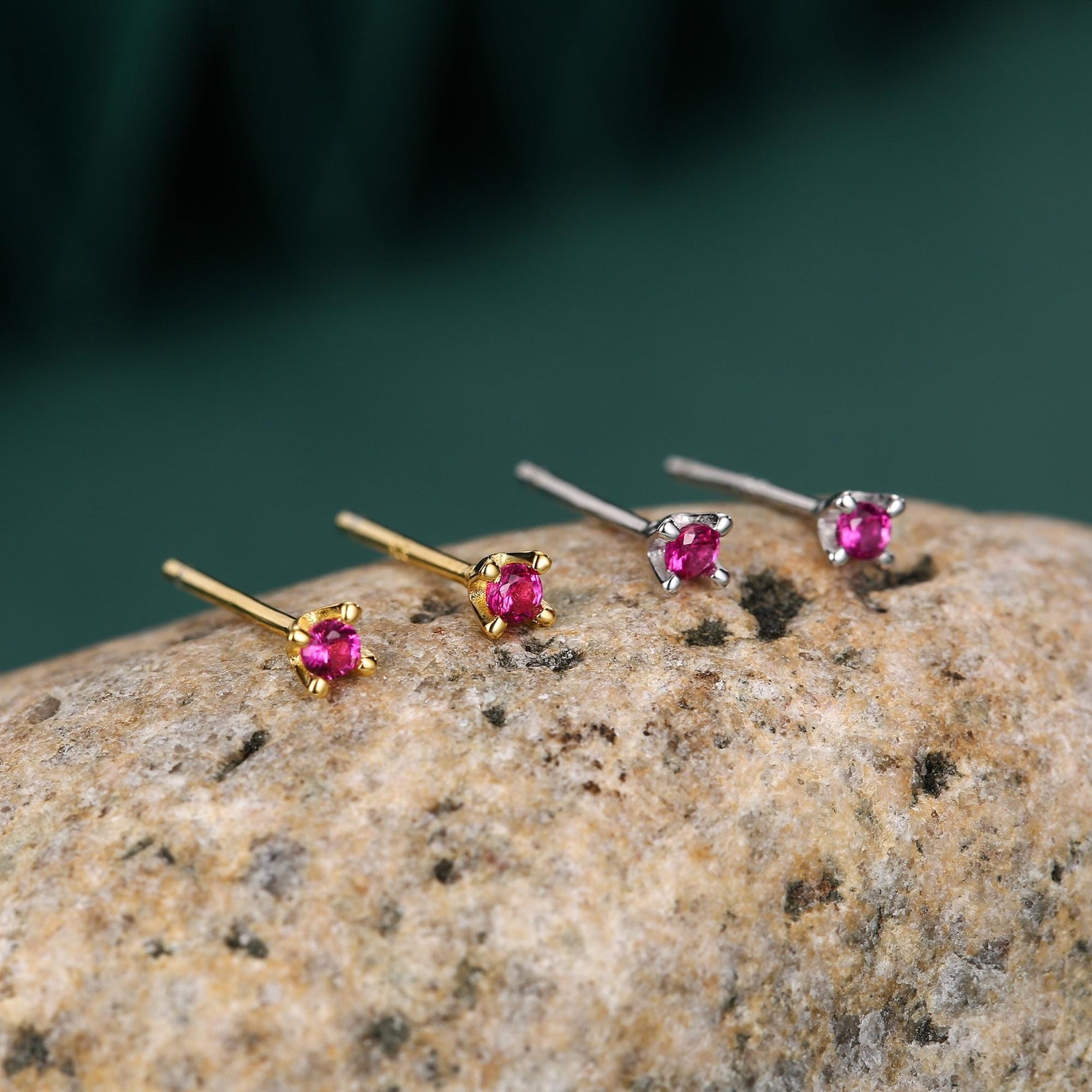 Extra Tiny 2mm Ruby Pink CZ Stud Earrings in Sterling Silver, Barely Visible Stud Earrings, 2mm Pink Earrings, Tiny Crystal Earrings