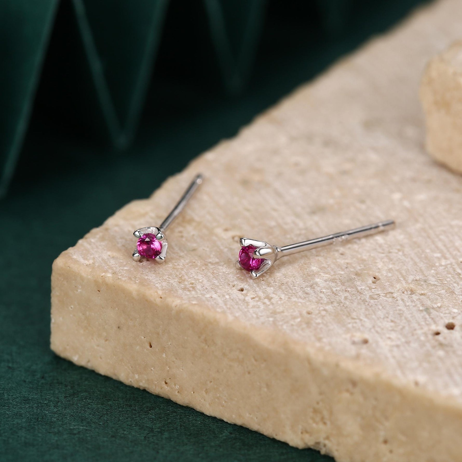 Extra Tiny 2mm Ruby Pink CZ Stud Earrings in Sterling Silver, Barely Visible Stud Earrings, 2mm Pink Earrings, Tiny Crystal Earrings