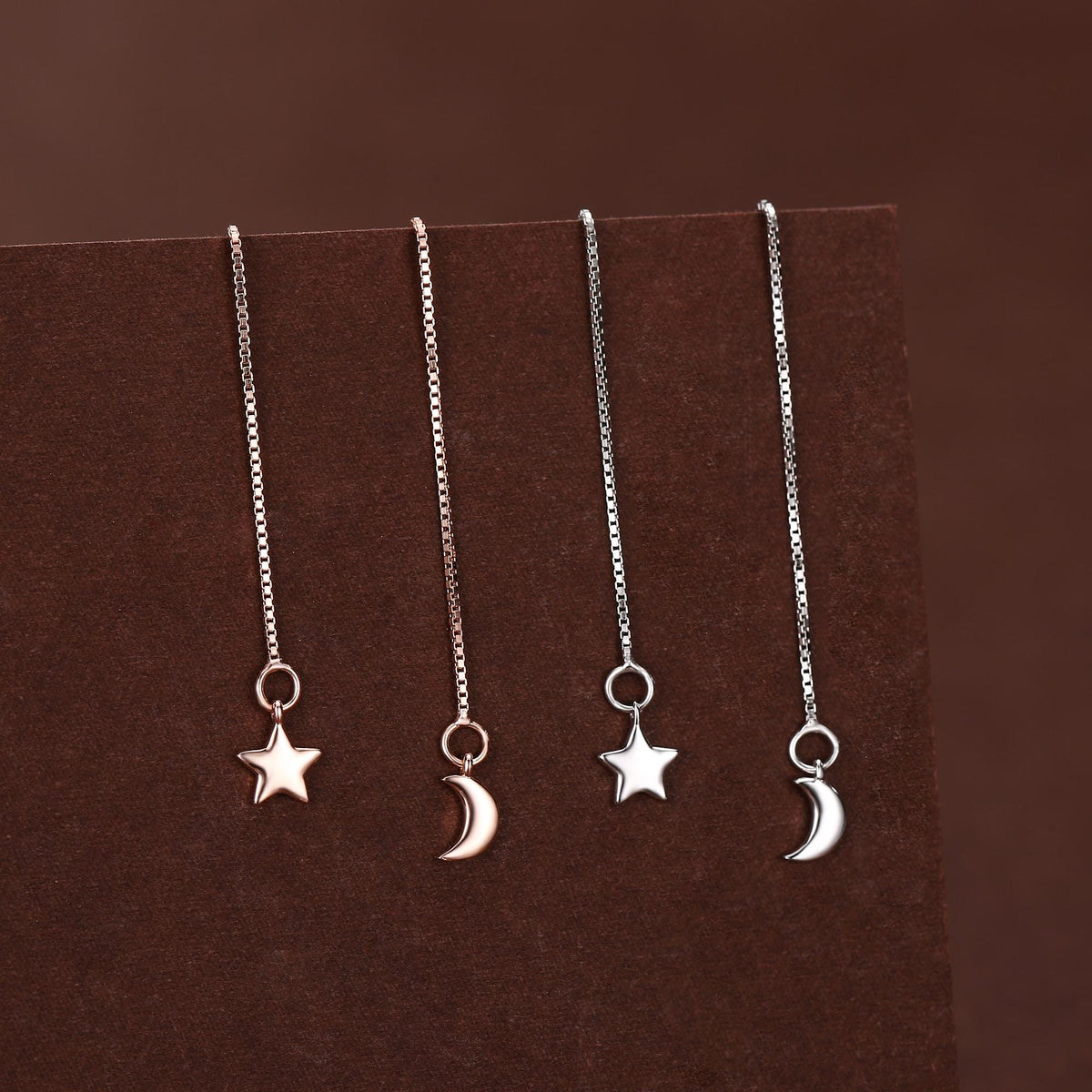 Moon and Star Threader Earrings in Sterling Silver, Silver or Gold, Crescent Moon Ear Threaders, 10cm long threaders, Double Piecing