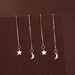 Moon and Star Threader Earrings in Sterling Silver, Silver or Gold, Crescent Moon Ear Threaders, 10cm long threaders, Double Piecing