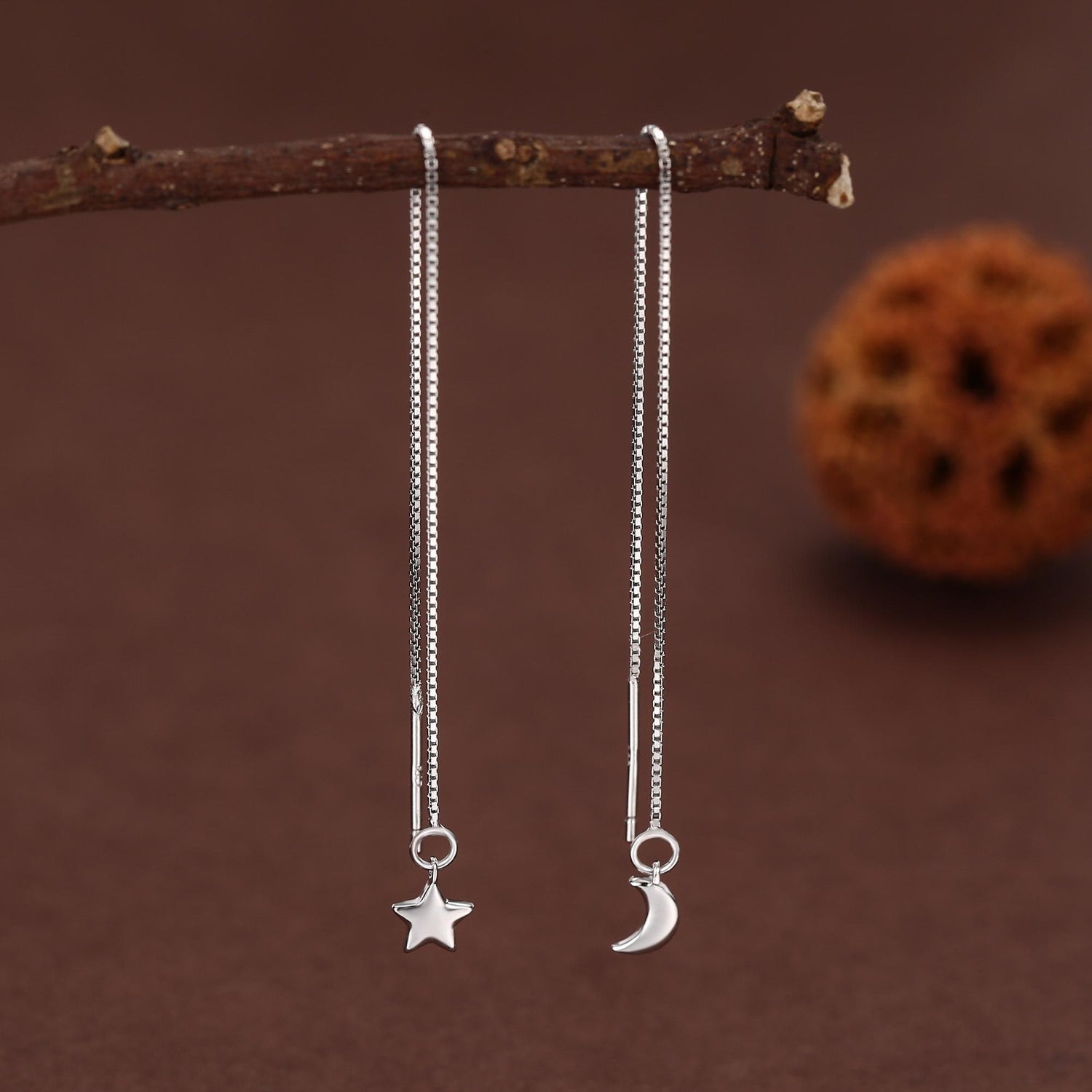 Moon and Star Threader Earrings in Sterling Silver, Silver or Gold, Crescent Moon Ear Threaders, 10cm long threaders, Double Piecing