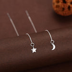 Moon and Star Threader Earrings in Sterling Silver, Silver or Gold, Crescent Moon Ear Threaders, 10cm long threaders, Double Piecing