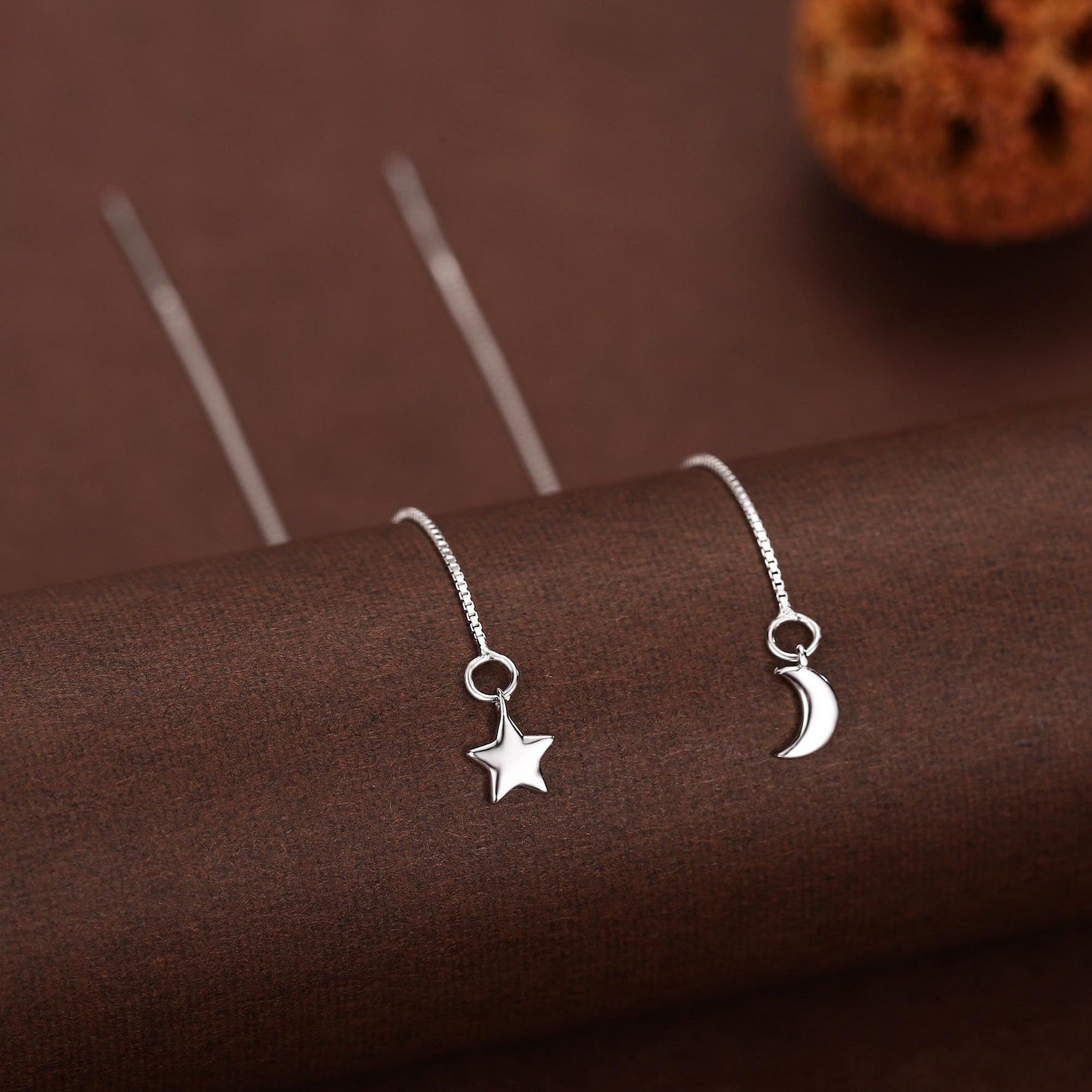 Moon and Star Threader Earrings in Sterling Silver, Silver or Gold, Crescent Moon Ear Threaders, 10cm long threaders, Double Piecing