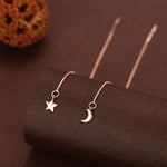 Moon and Star Threader Earrings in Sterling Silver, Silver or Gold, Crescent Moon Ear Threaders, 10cm long threaders, Double Piecing