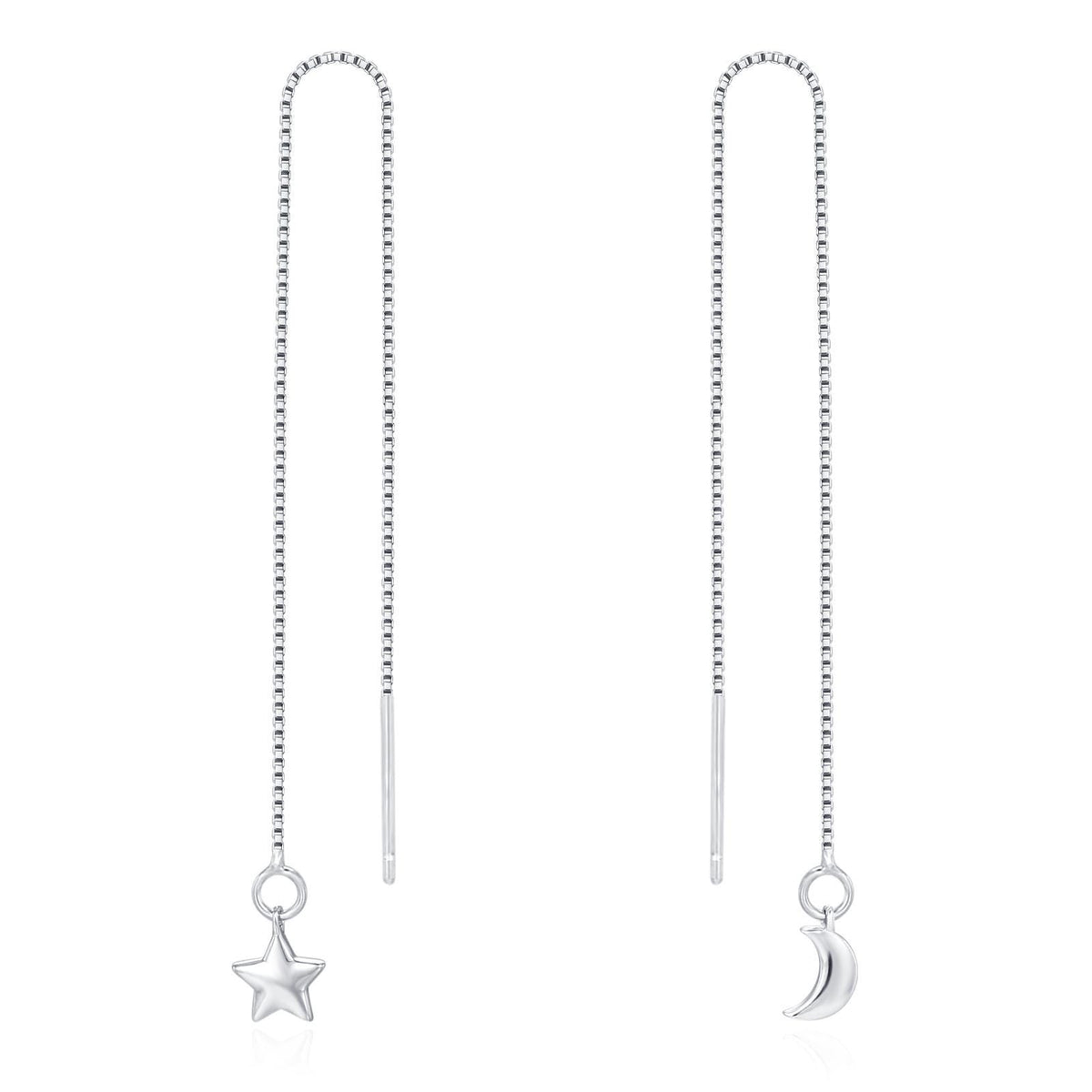 Moon and Star Threader Earrings in Sterling Silver, Silver or Gold, Crescent Moon Ear Threaders, 10cm long threaders, Double Piecing