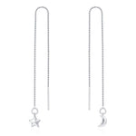 Moon and Star Threader Earrings in Sterling Silver, Silver or Gold, Crescent Moon Ear Threaders, 10cm long threaders, Double Piecing