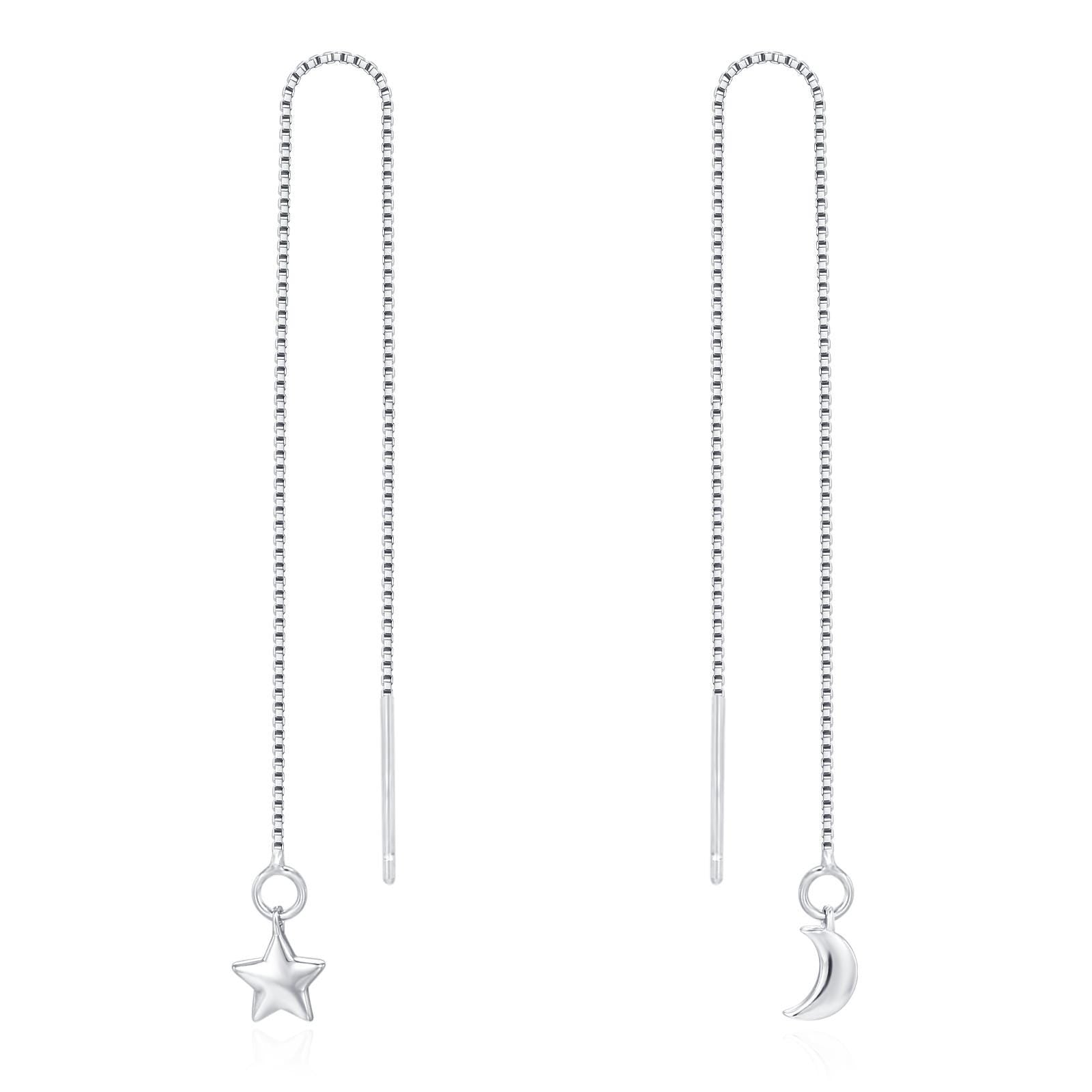 Moon and Star Threader Earrings in Sterling Silver, Silver or Gold, Crescent Moon Ear Threaders, 10cm long threaders, Double Piecing