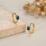Sapphire Blue Pear Cut CZ Huggie Hoop in Sterling Silver, Silver or Gold, Minimalist Simple Blue Hoop Earrings