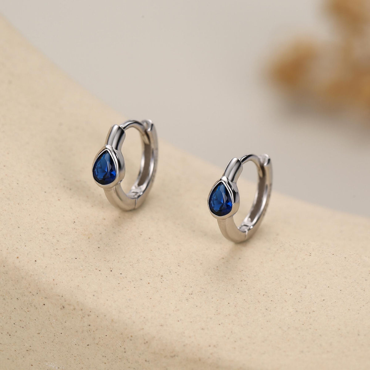 Sapphire Blue Pear Cut CZ Huggie Hoop in Sterling Silver, Silver or Gold, Minimalist Simple Blue Hoop Earrings