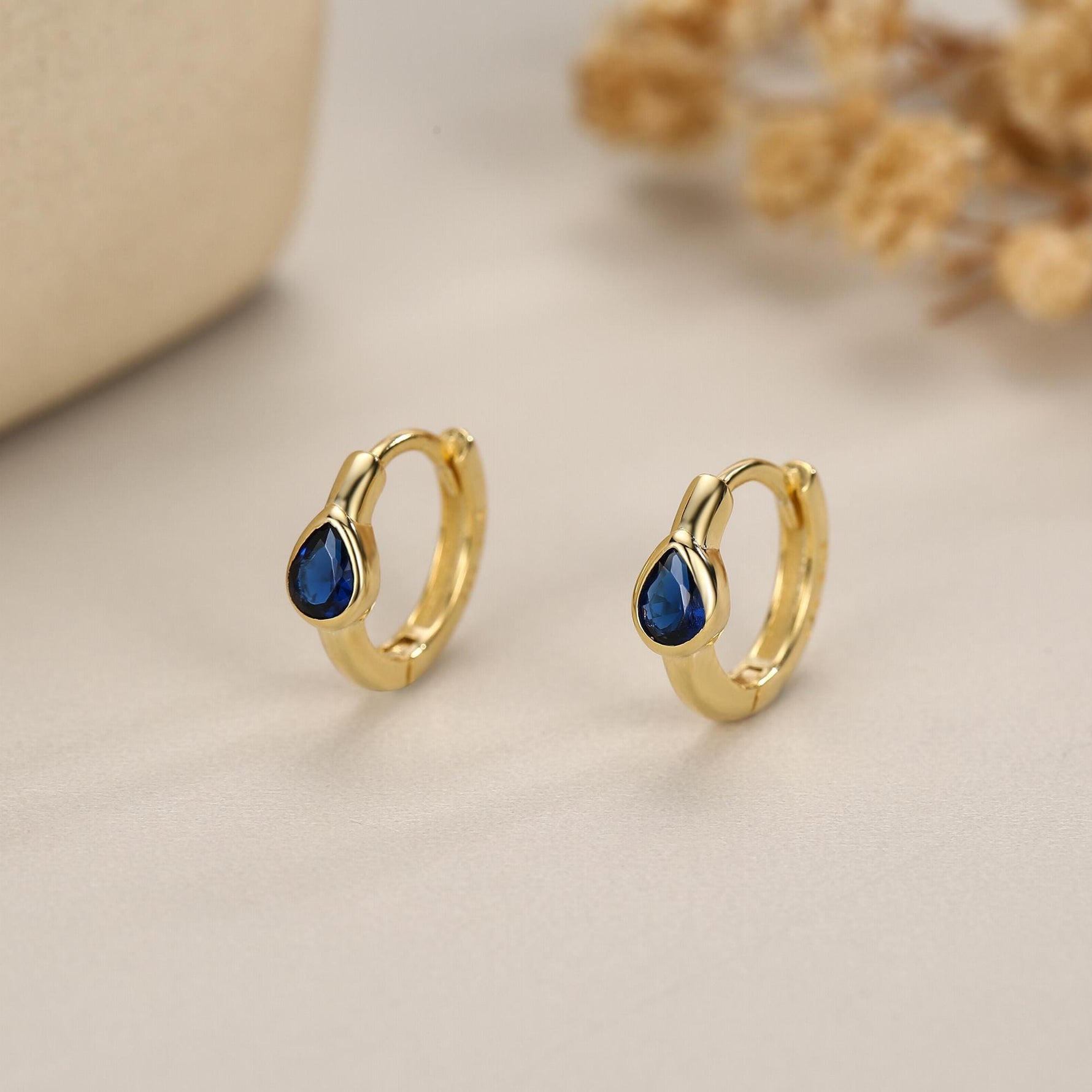 Sapphire Blue Pear Cut CZ Huggie Hoop in Sterling Silver, Silver or Gold, Minimalist Simple Blue Hoop Earrings