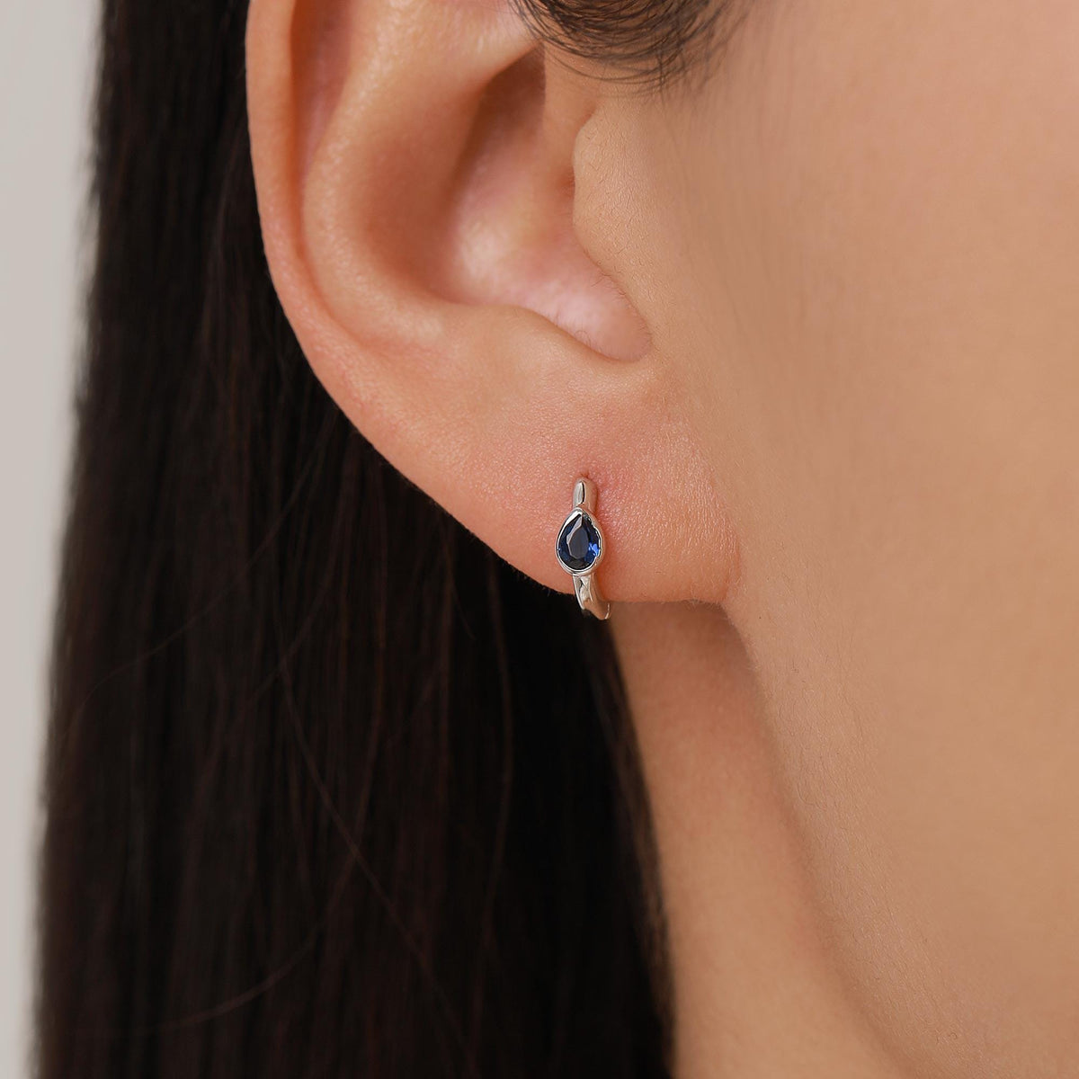 Sapphire Blue Pear Cut CZ Huggie Hoop in Sterling Silver, Silver or Gold, Minimalist Simple Blue Hoop Earrings