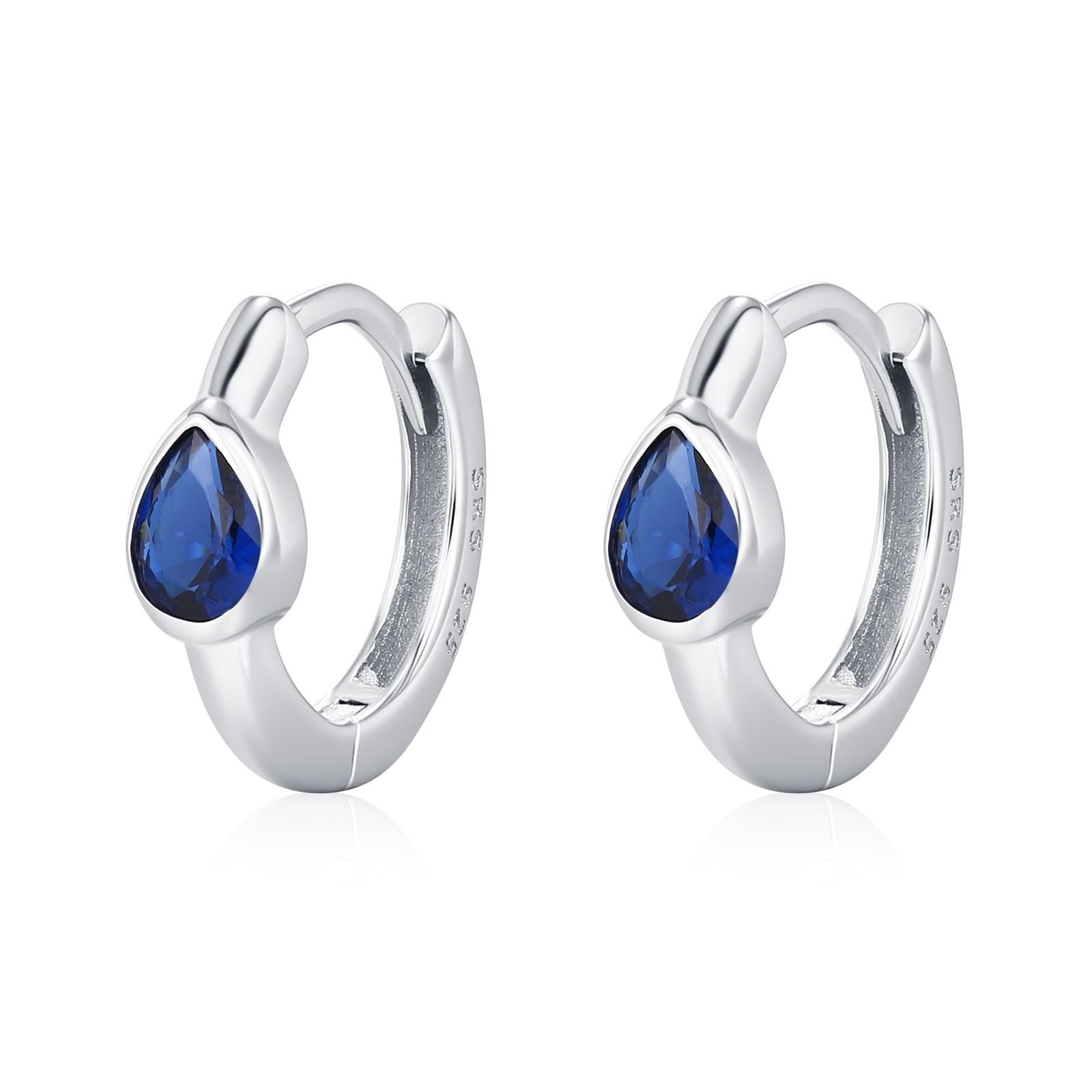 Sapphire Blue Pear Cut CZ Huggie Hoop in Sterling Silver, Silver or Gold, Minimalist Simple Blue Hoop Earrings