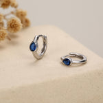 Sapphire Blue Pear Cut CZ Huggie Hoop in Sterling Silver, Silver or Gold, Minimalist Simple Blue Hoop Earrings