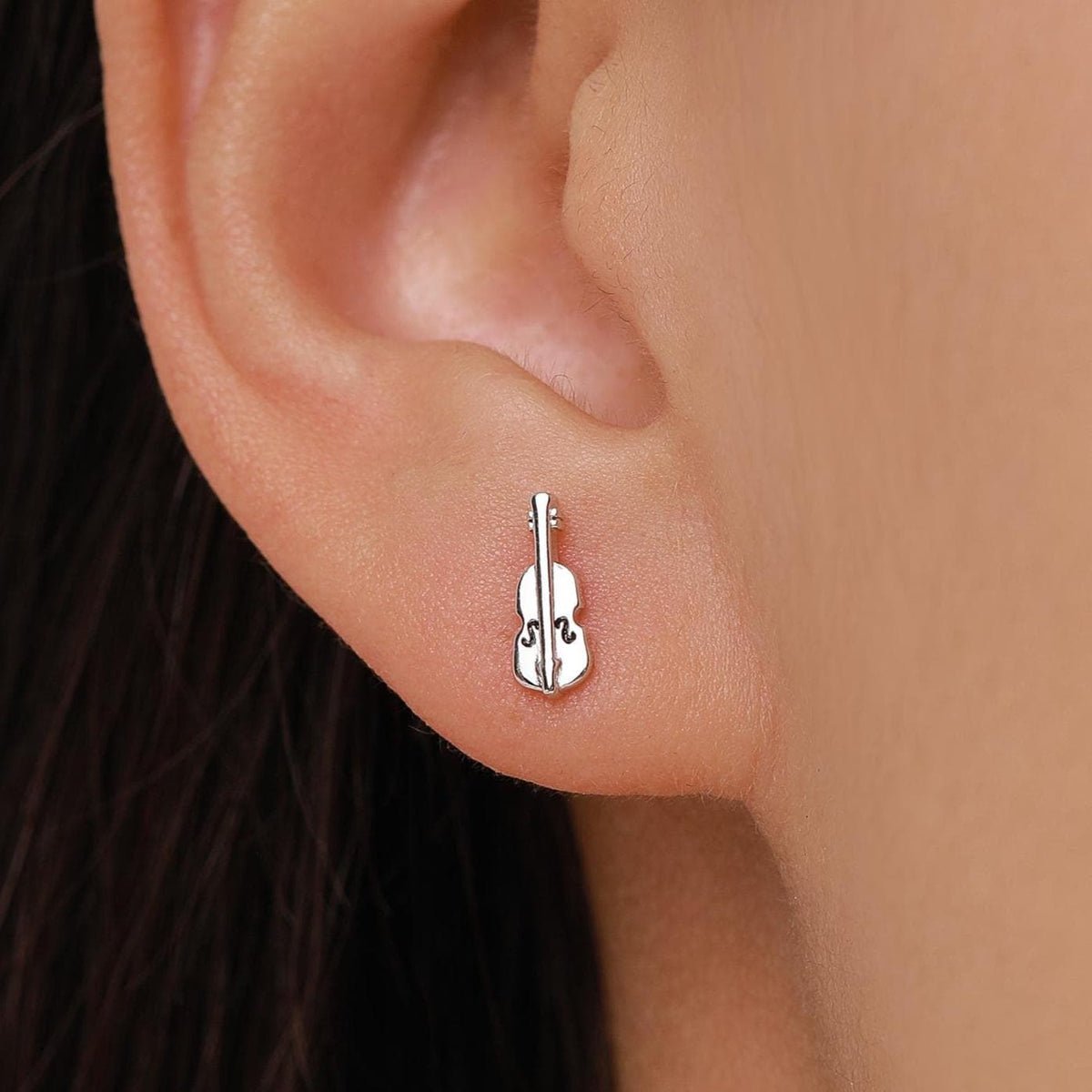 Tiny Violin Stud Earrings in Sterling Silver, Silver or Gold, Music Earrings