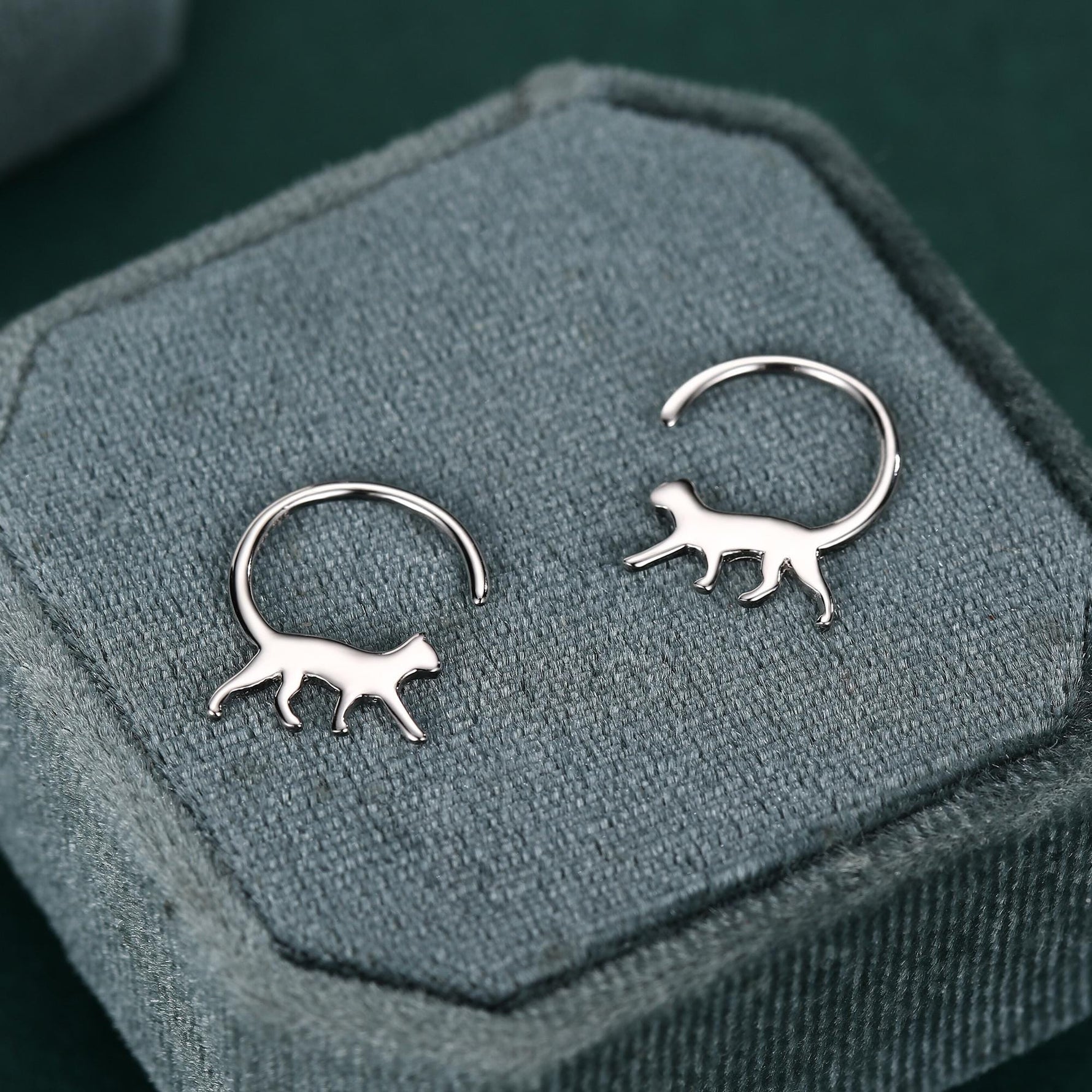 Tiny Cat Hoop Earrings in Sterling Silver, Silver or Gold, Minimalist Cat Silhouette Earrings, Simple Cat Earrings