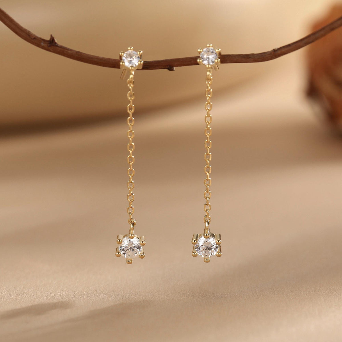 Clear CZ Dangle Chain Stud Drop Earrings in Sterling Silver, Silver or Gold, Geometric Double CZ Chain Earrings, CZ Drop Earrings
