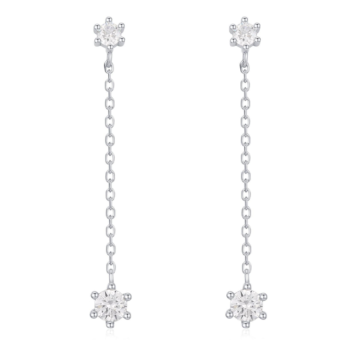 Clear CZ Dangle Chain Stud Drop Earrings in Sterling Silver, Silver or Gold, Geometric Double CZ Chain Earrings, CZ Drop Earrings