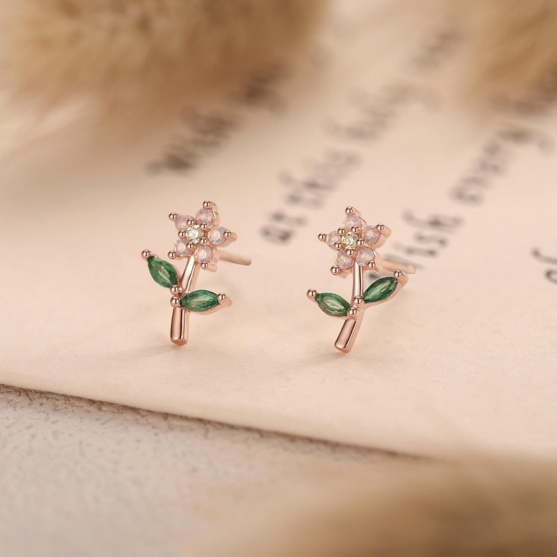 Extra Tiny Opal Pink CZ Flower Stud Earrings in Sterling Silver