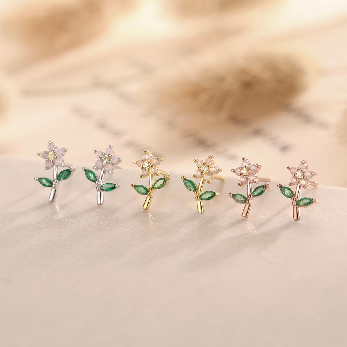 Extra Tiny Opal Pink CZ Flower Stud Earrings in Sterling Silver