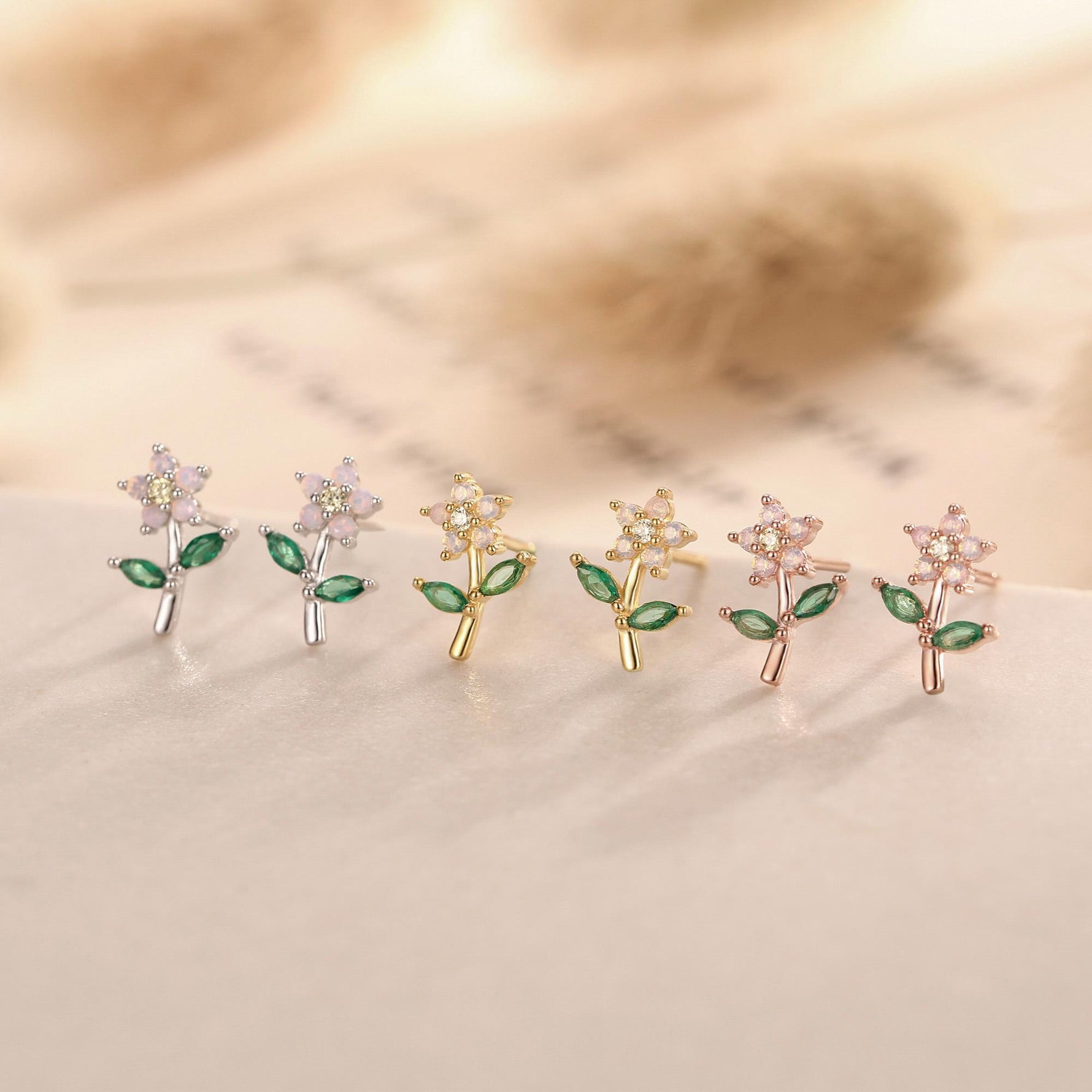Extra Tiny Opal Pink CZ Flower Stud Earrings in Sterling Silver