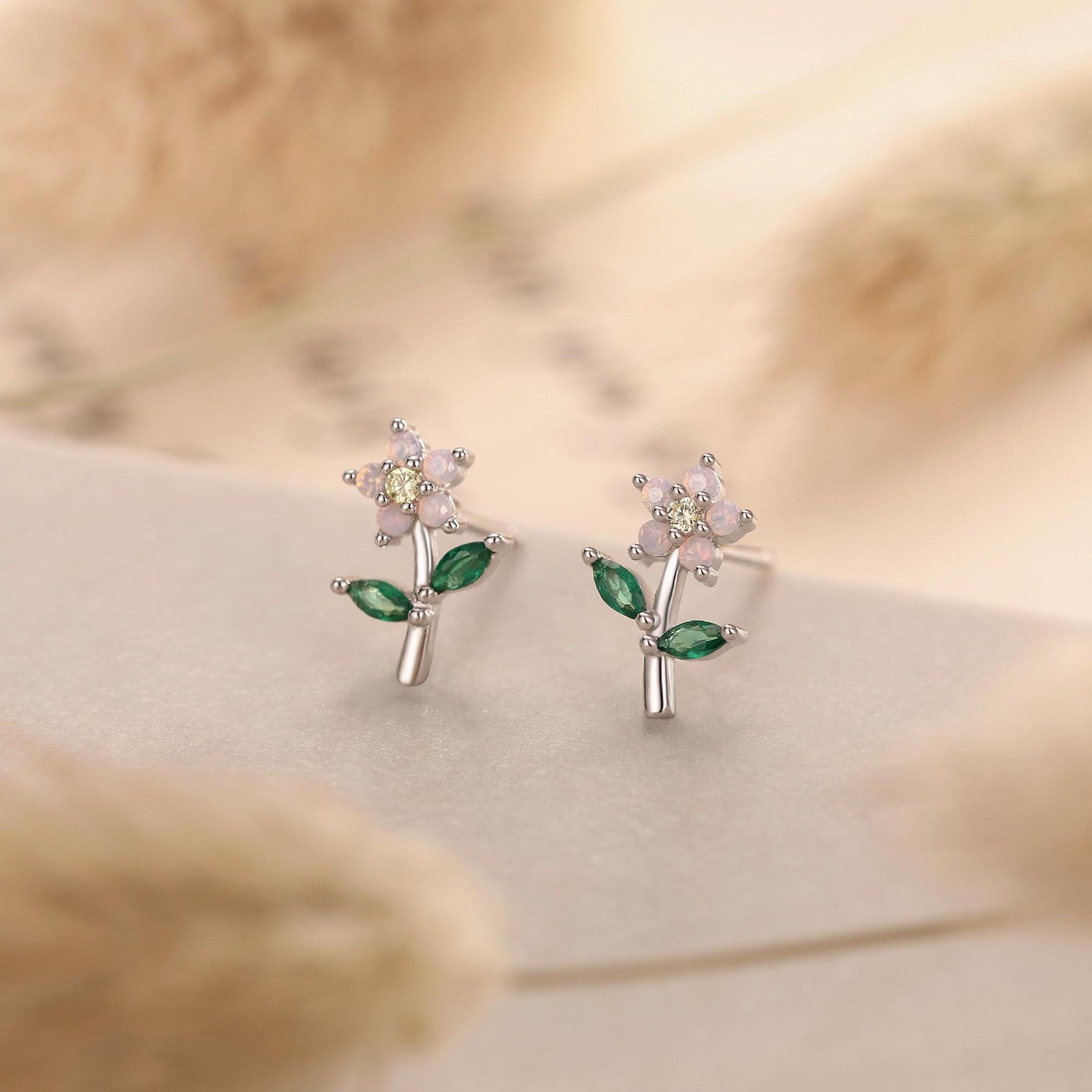 Extra Tiny Opal Pink CZ Flower Stud Earrings in Sterling Silver