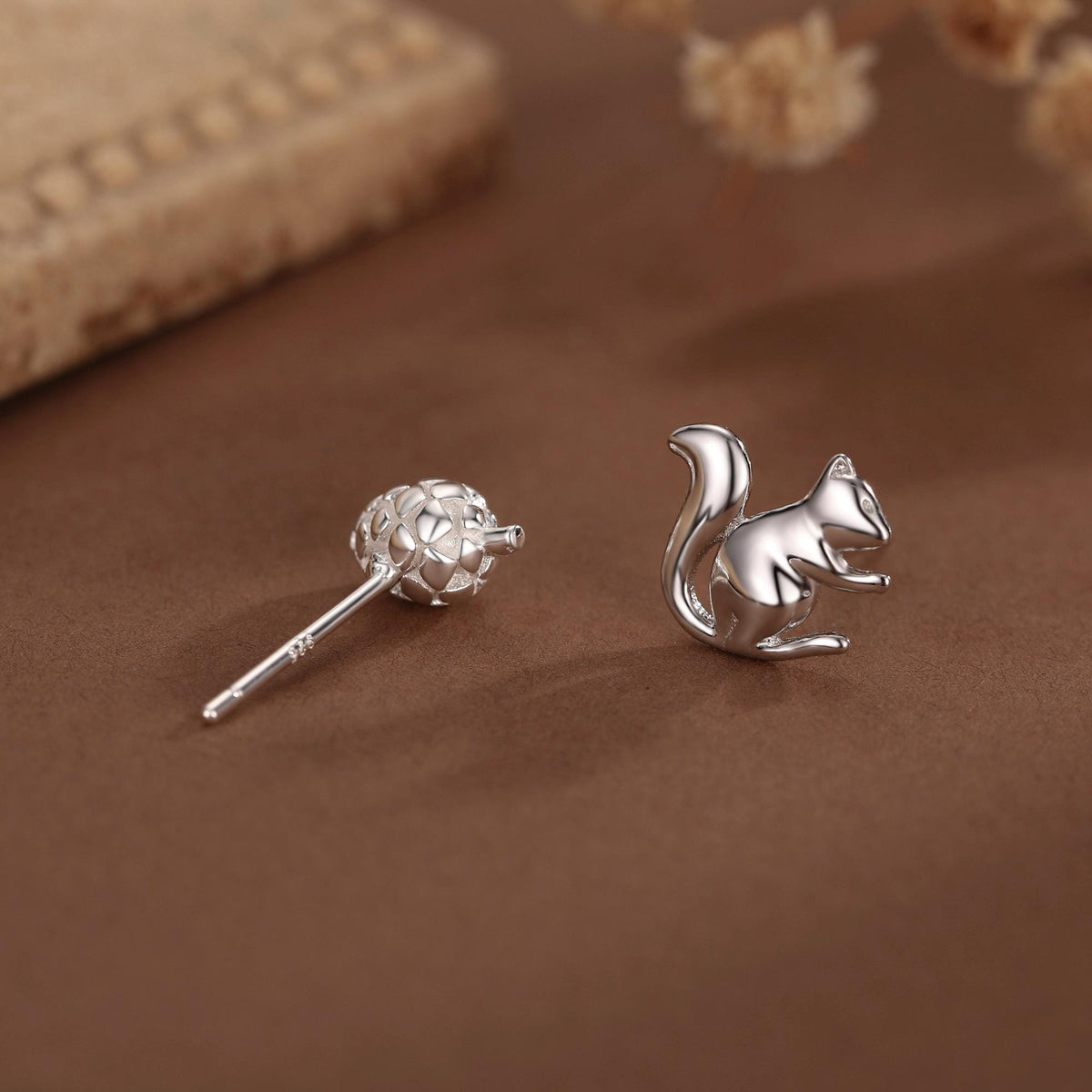 Mismatched Pine Cone and Squirrel Stud Earrings in Sterling Silver