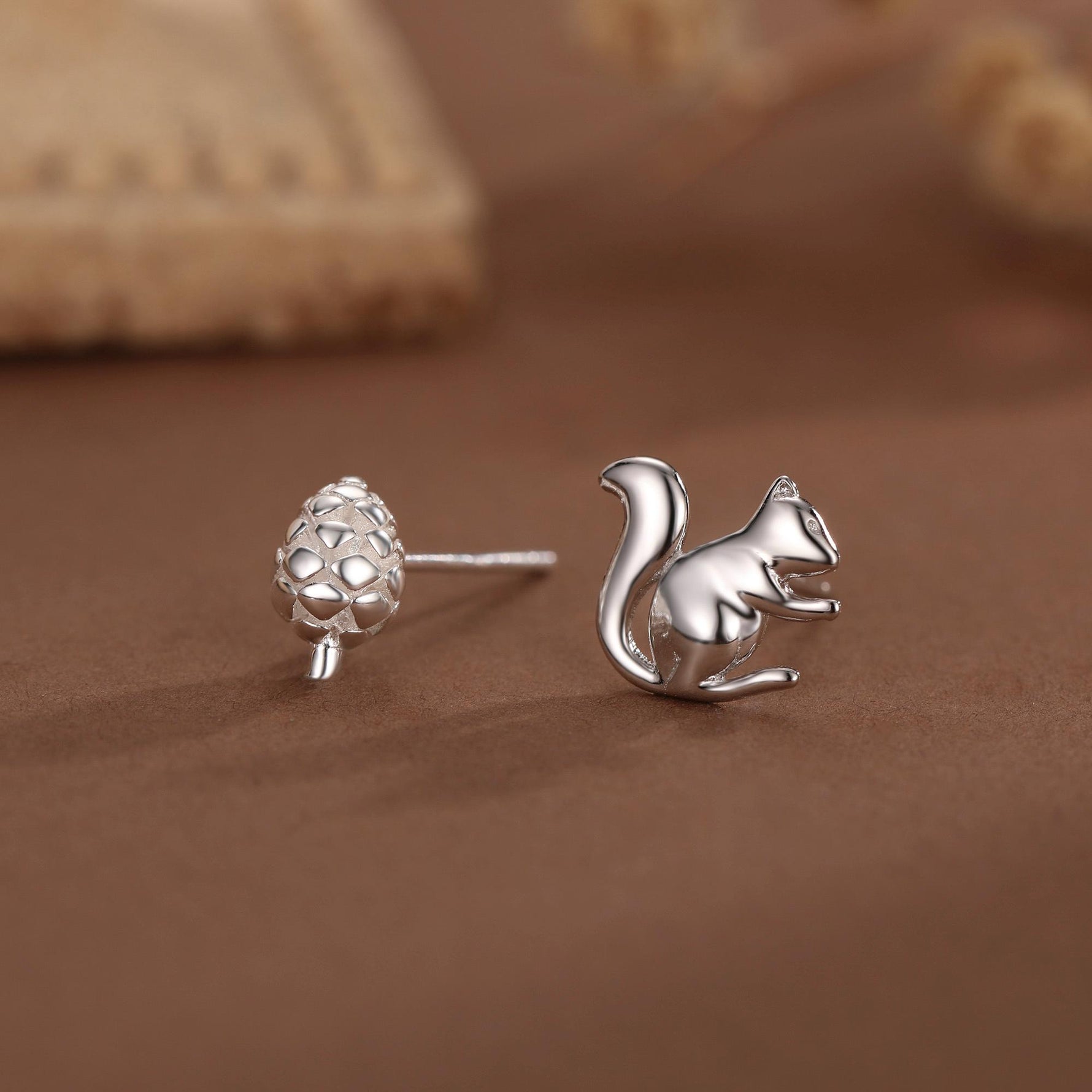 Mismatched Pine Cone and Squirrel Stud Earrings in Sterling Silver