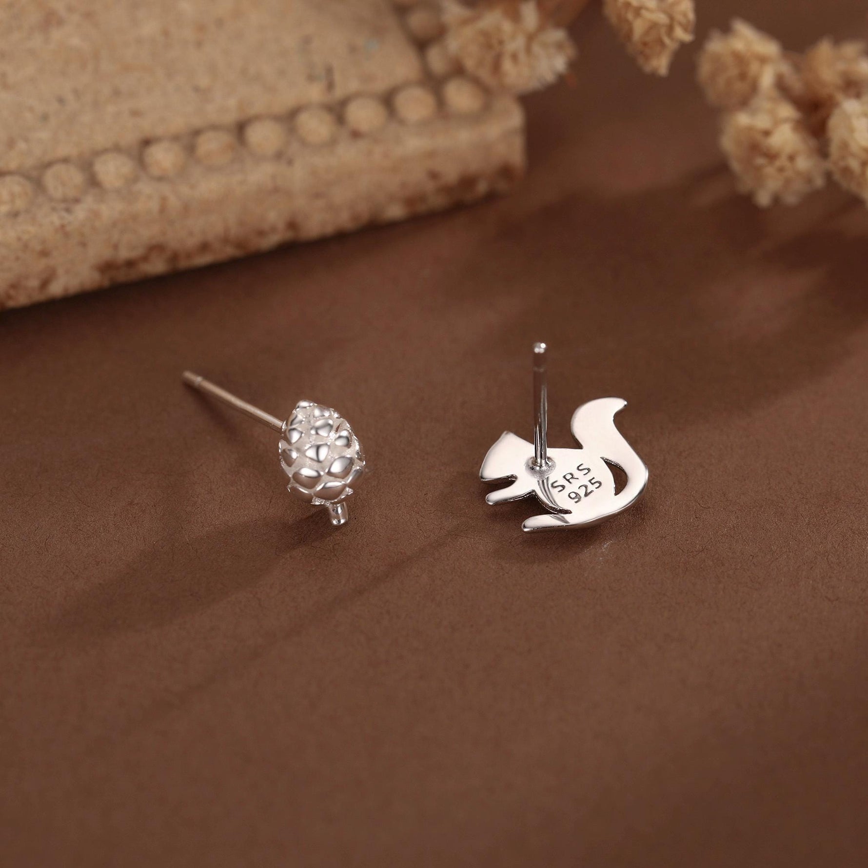 Mismatched Pine Cone and Squirrel Stud Earrings in Sterling Silver