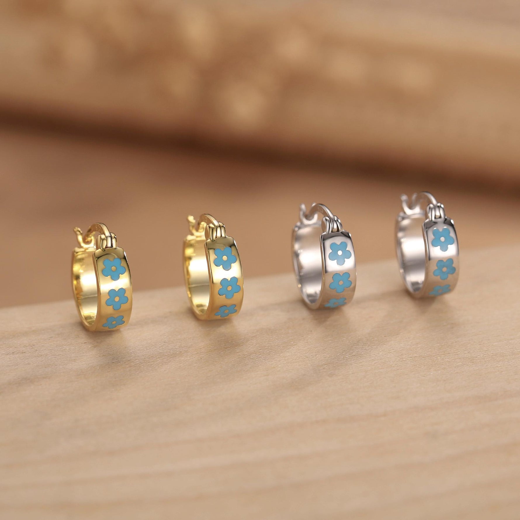 Sterling Silver Enamel Forget Me Not Huggie Hoops