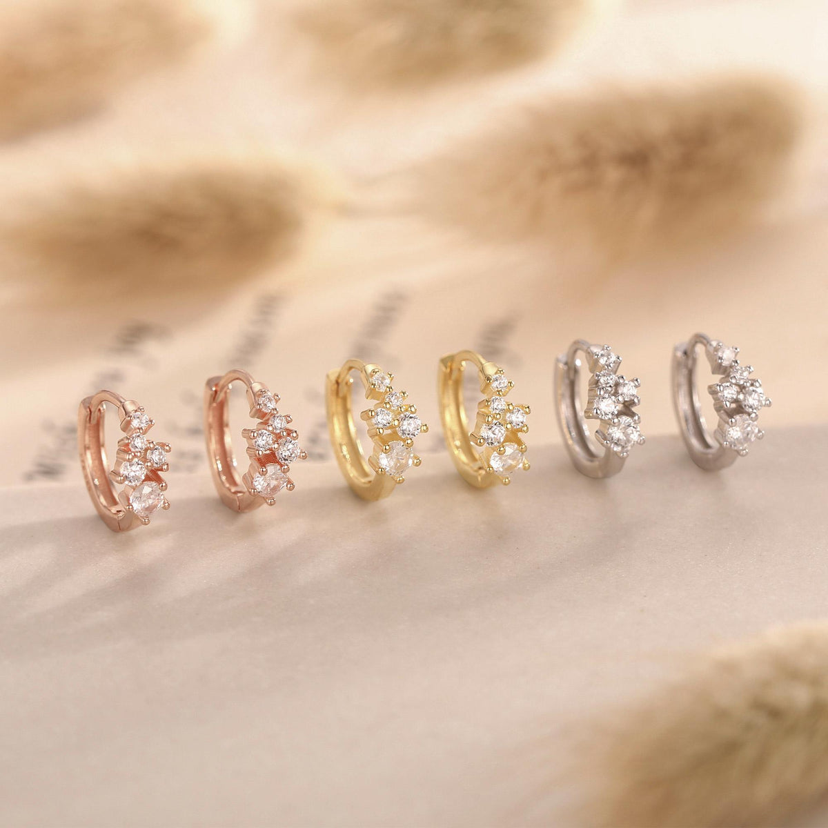 Star Constellation CZ Huggie Hoop in Sterling Silver, Silver or Gold or Rose Gold, 9mm Inner Diameter, Stacking Earrings, CZ Cluster Hoops,