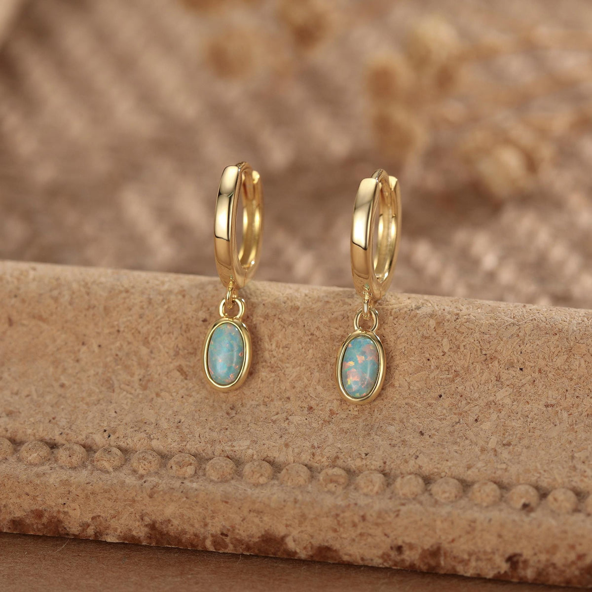 Sterling Silver Dangling Oval Aqua Green Opal Hoop Earrings