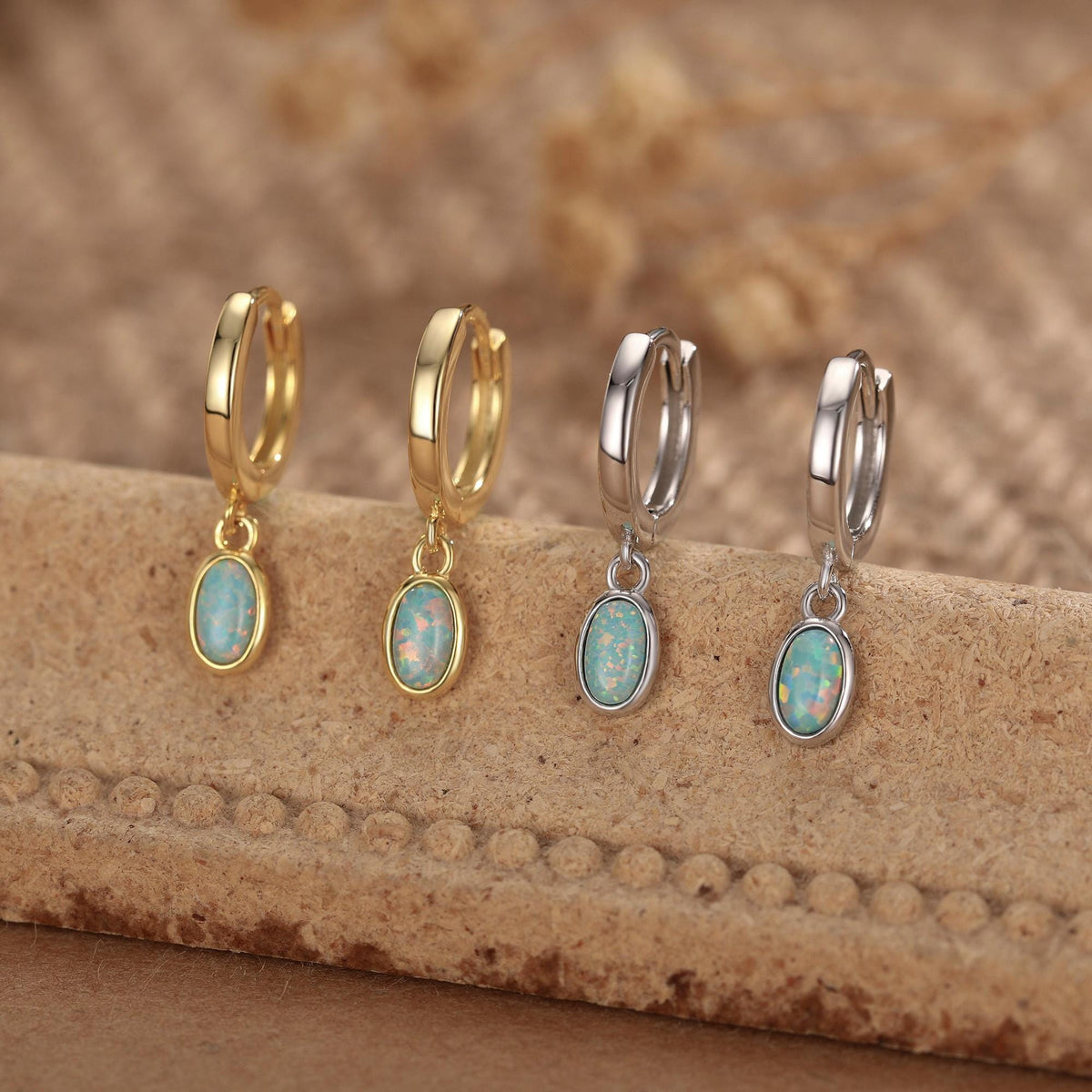 Sterling Silver Dangling Oval Aqua Green Opal Hoop Earrings
