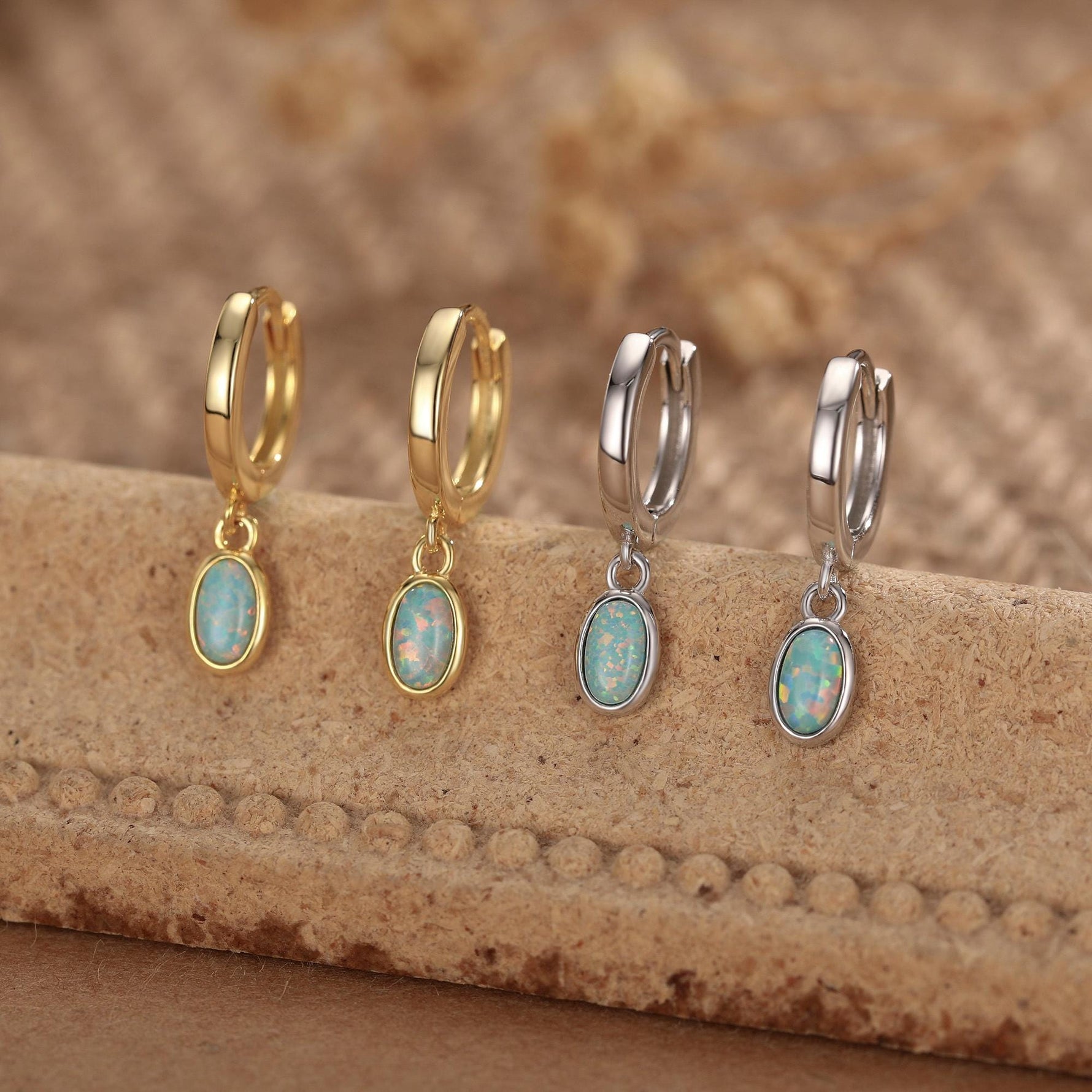 Sterling Silver Dangling Oval Aqua Green Opal Hoop Earrings