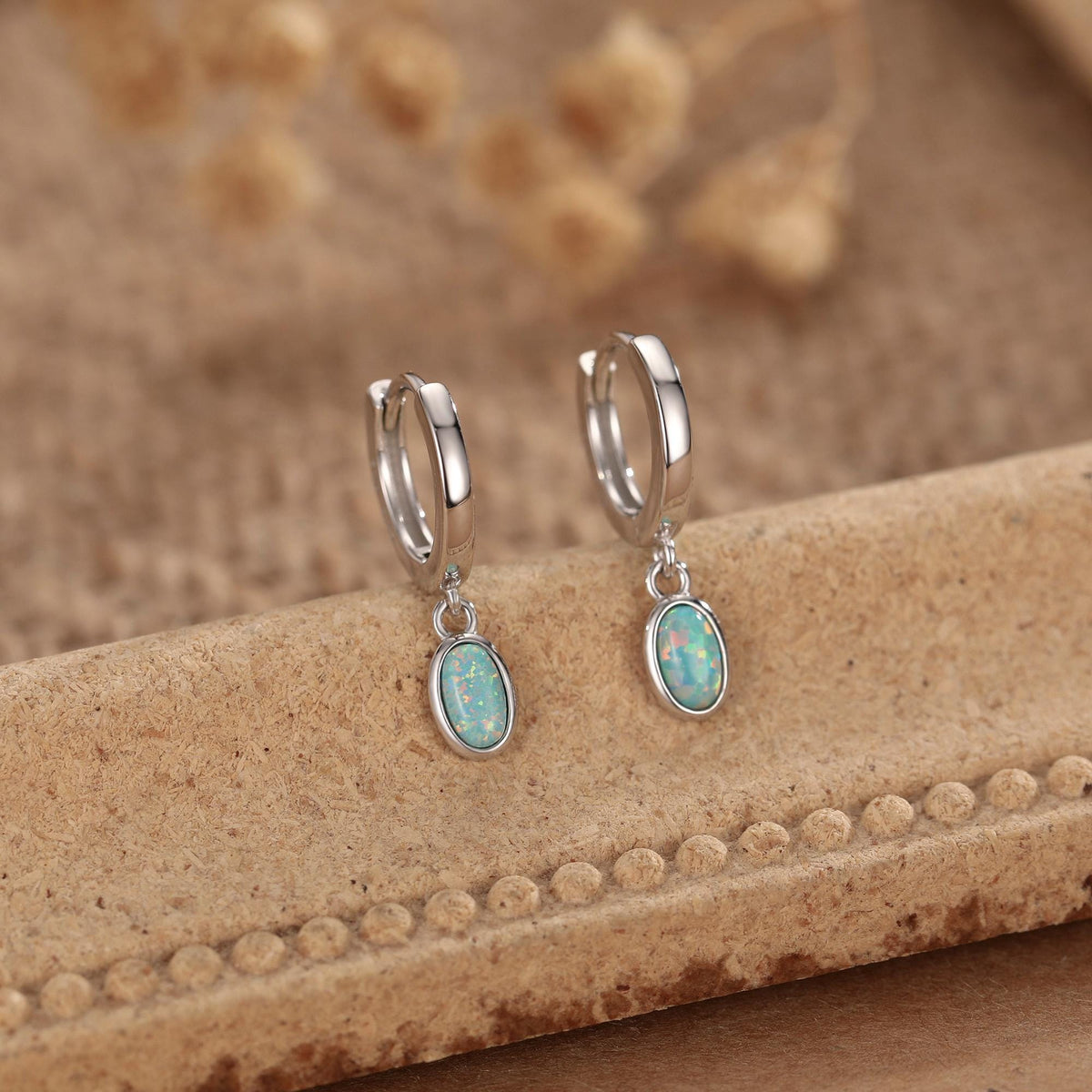 Sterling Silver Dangling Oval Aqua Green Opal Hoop Earrings