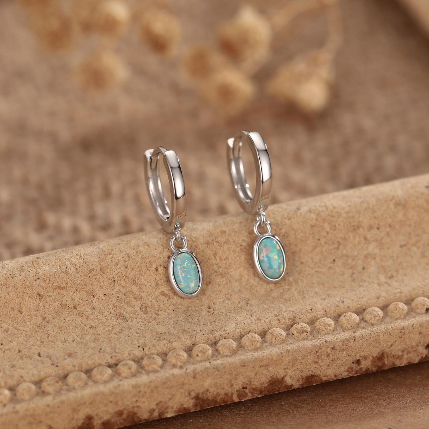Sterling Silver Dangling Oval Aqua Green Opal Hoop Earrings