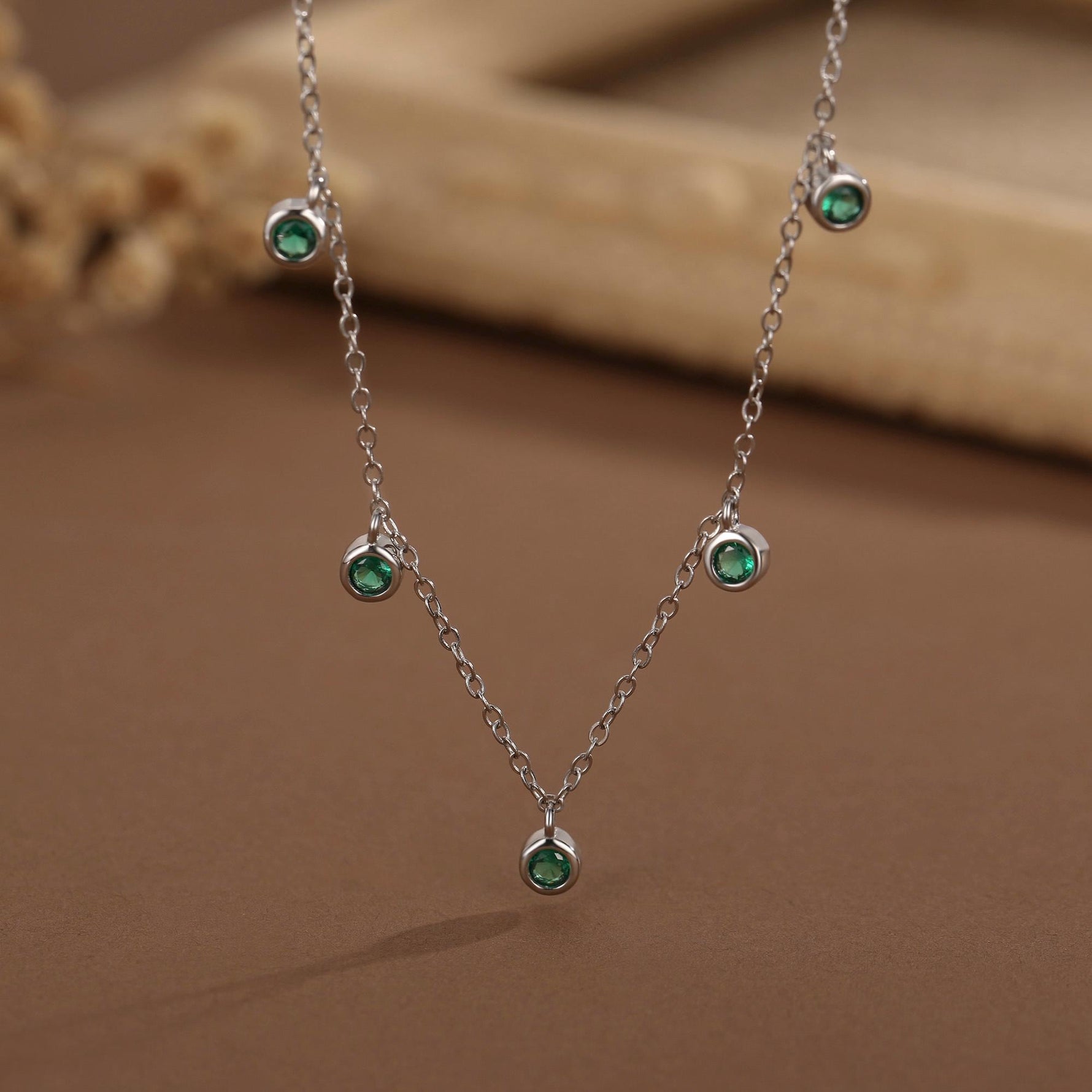 Emerald Green CZ Charm Necklace in Sterling Silver, Silver or Gold, Satellite Crystal Necklace, Solid Silver Necklace