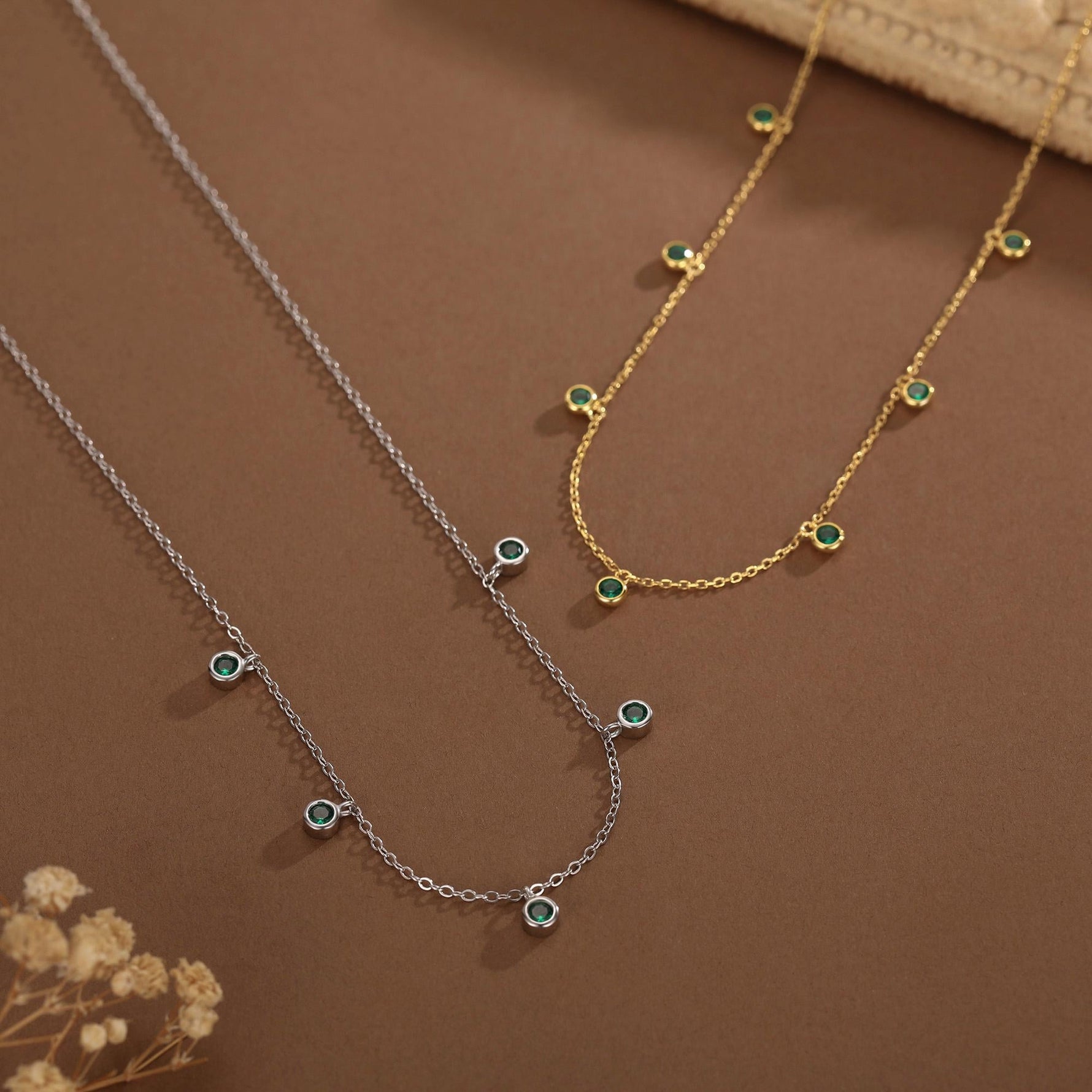 Emerald Green CZ Charm Necklace in Sterling Silver, Silver or Gold, Satellite Crystal Necklace, Solid Silver Necklace