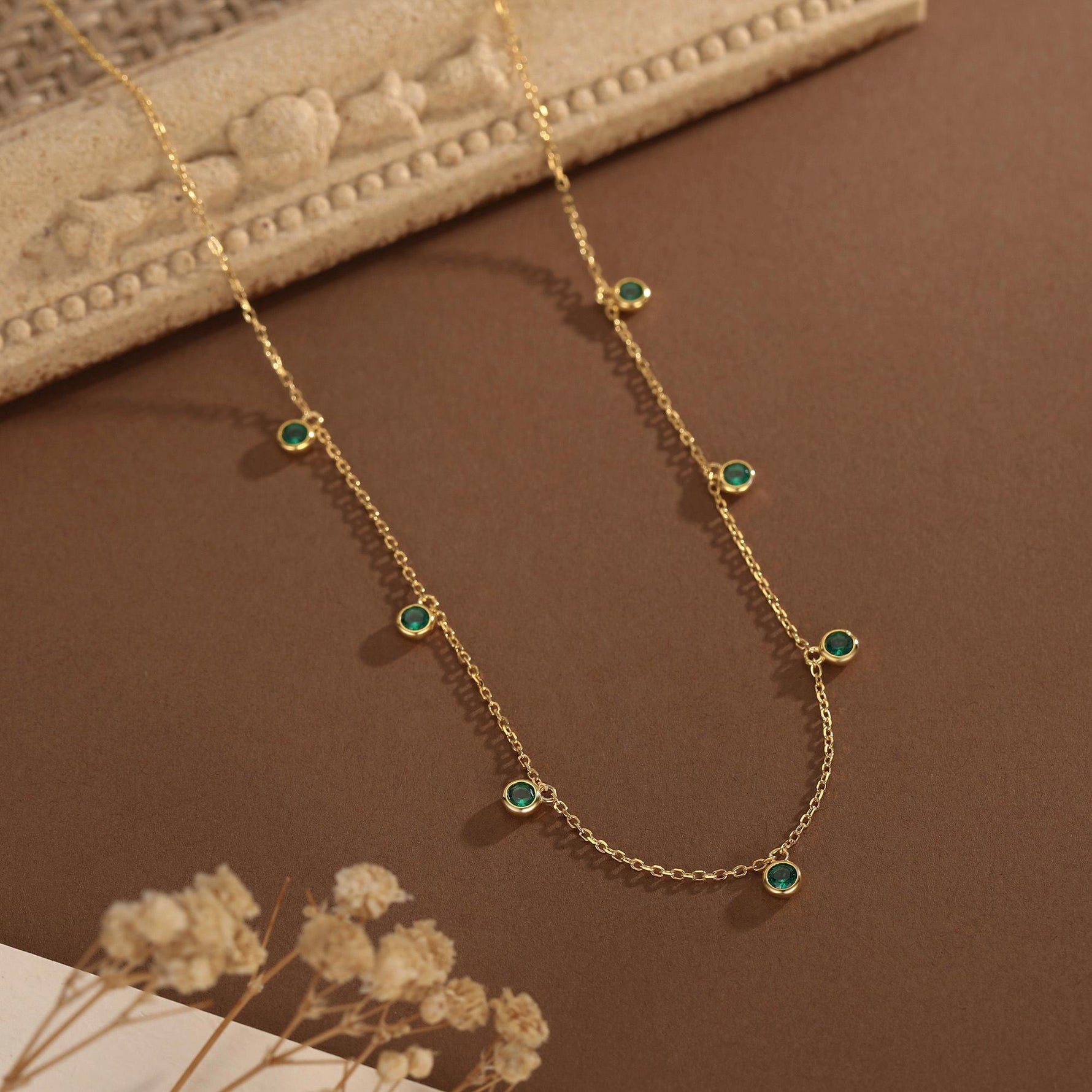 Emerald Green CZ Charm Necklace in Sterling Silver, Silver or Gold, Satellite Crystal Necklace, Solid Silver Necklace