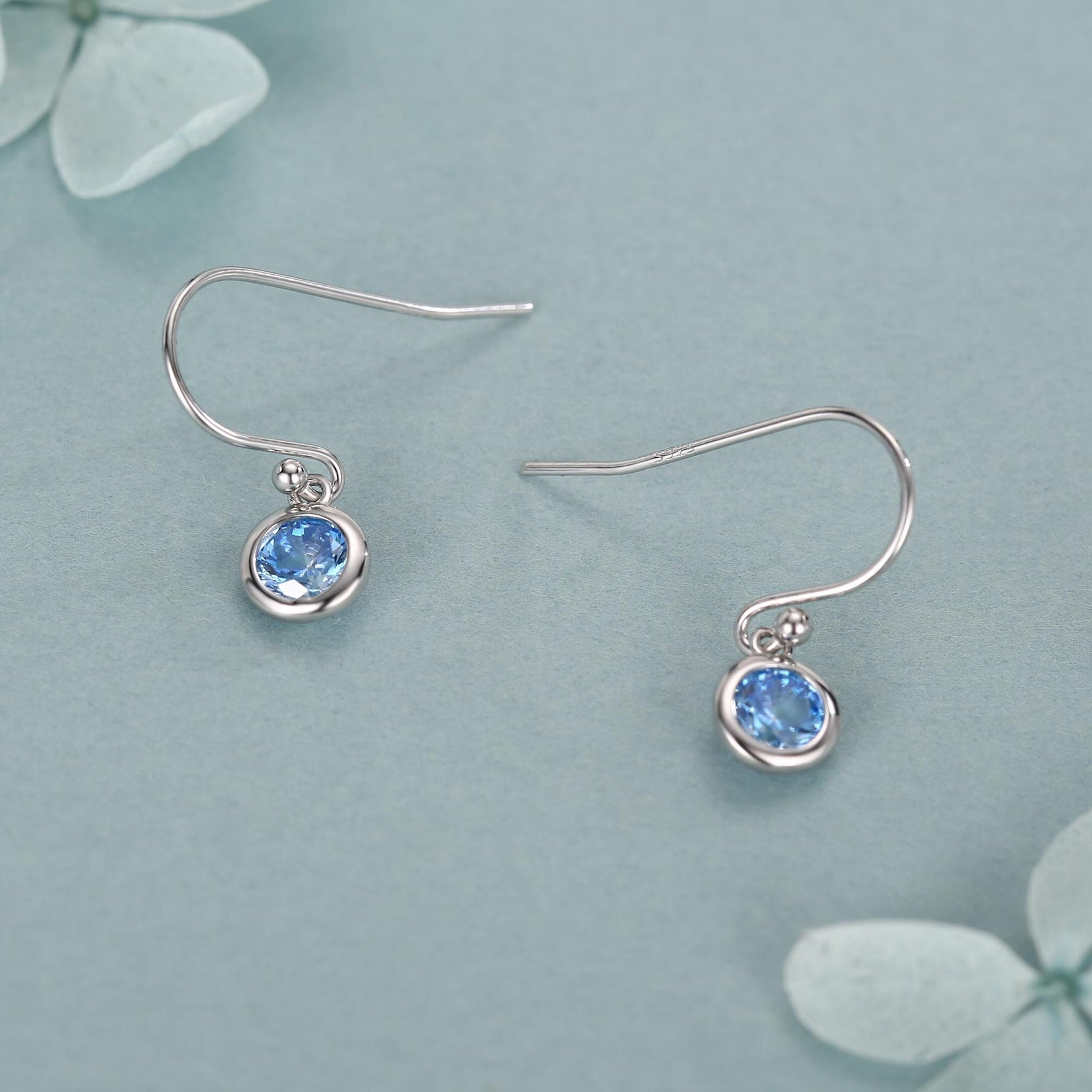 Tiny Aquamarine Blue CZ Drop Earrings in Sterling Silver