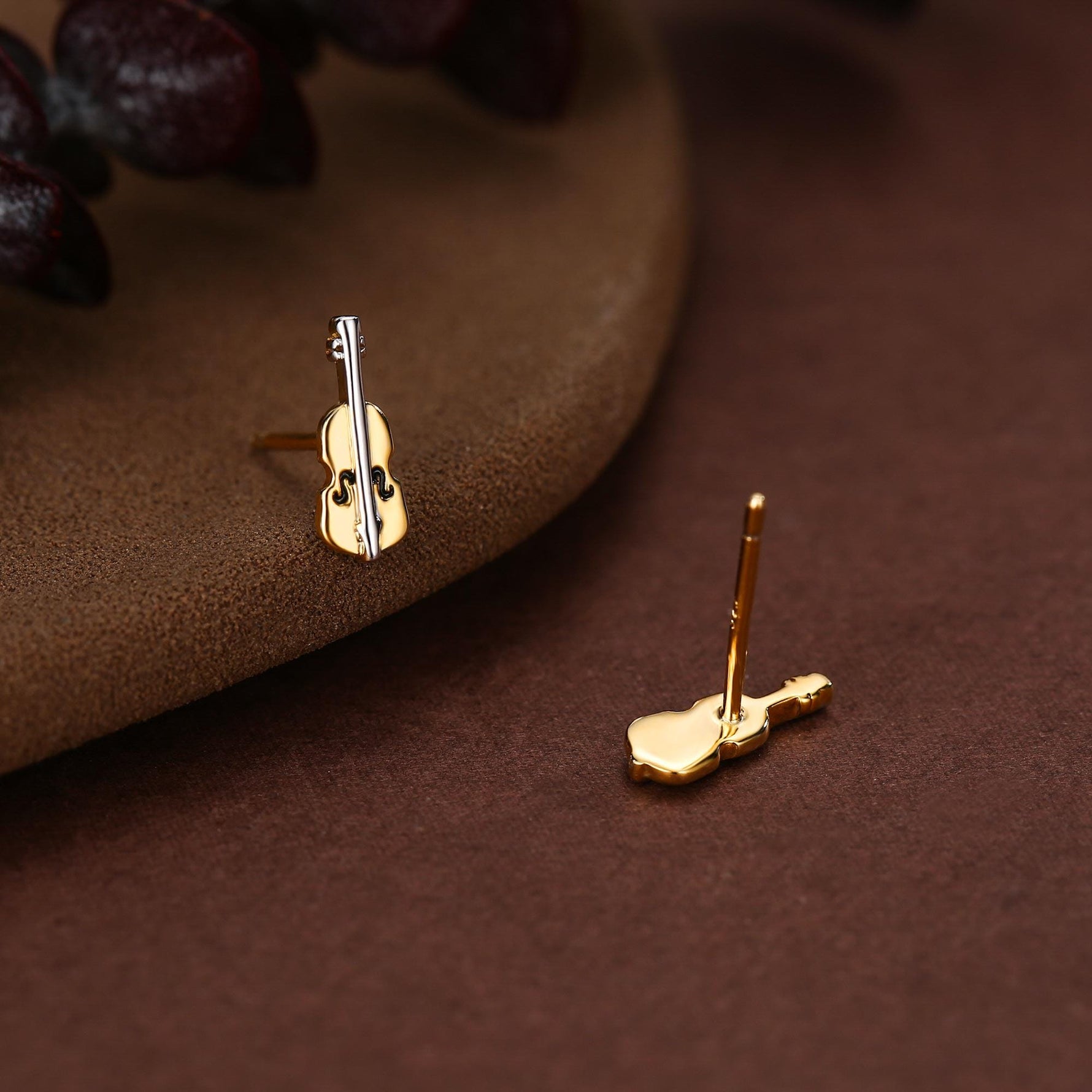 Tiny Violin Stud Earrings in Sterling Silver, Silver or Gold, Music Earrings