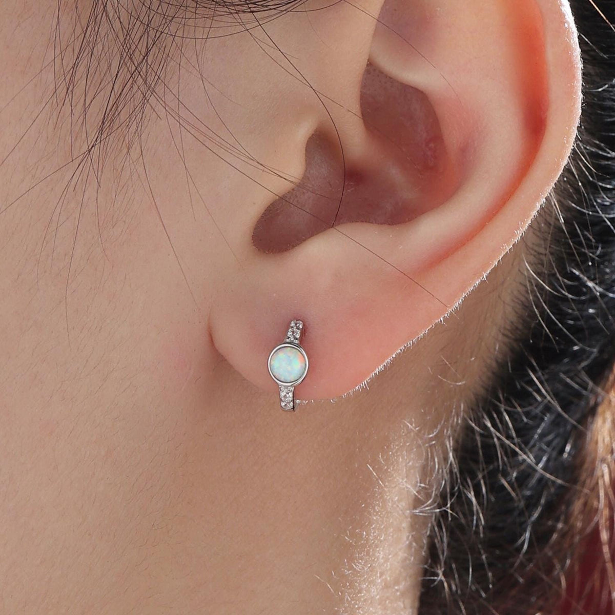 White Opal CZ Huggie Hoop Earrings in Sterling Silver, Silver or Gold, Tiny Opal Hoops, Opal Hoops, Single Opal Hoops