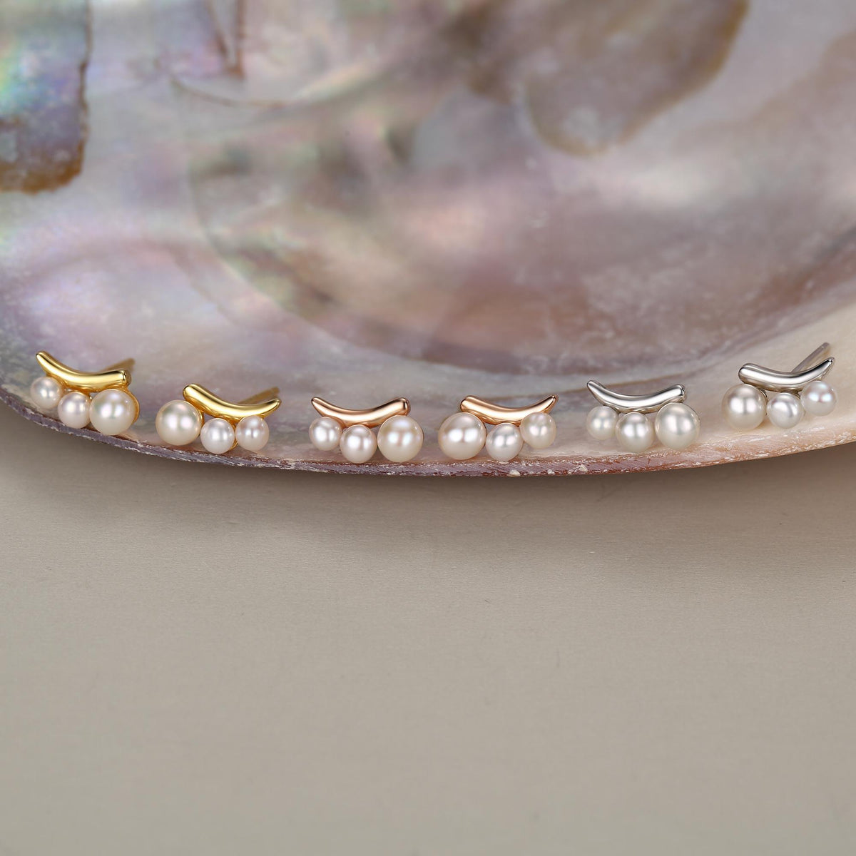Natural Pearl Trio Stud Earrings in Sterling Silver, Curved Freshwater Pearl Mini Bar Earrings, Silver or Gold or Rose Gold, Pearl Earrings