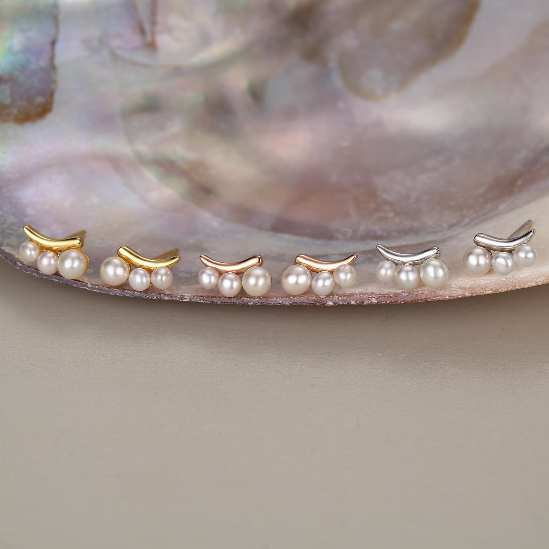 Natural Pearl Trio Stud Earrings in Sterling Silver, Curved Freshwater Pearl Mini Bar Earrings, Silver or Gold or Rose Gold, Pearl Earrings