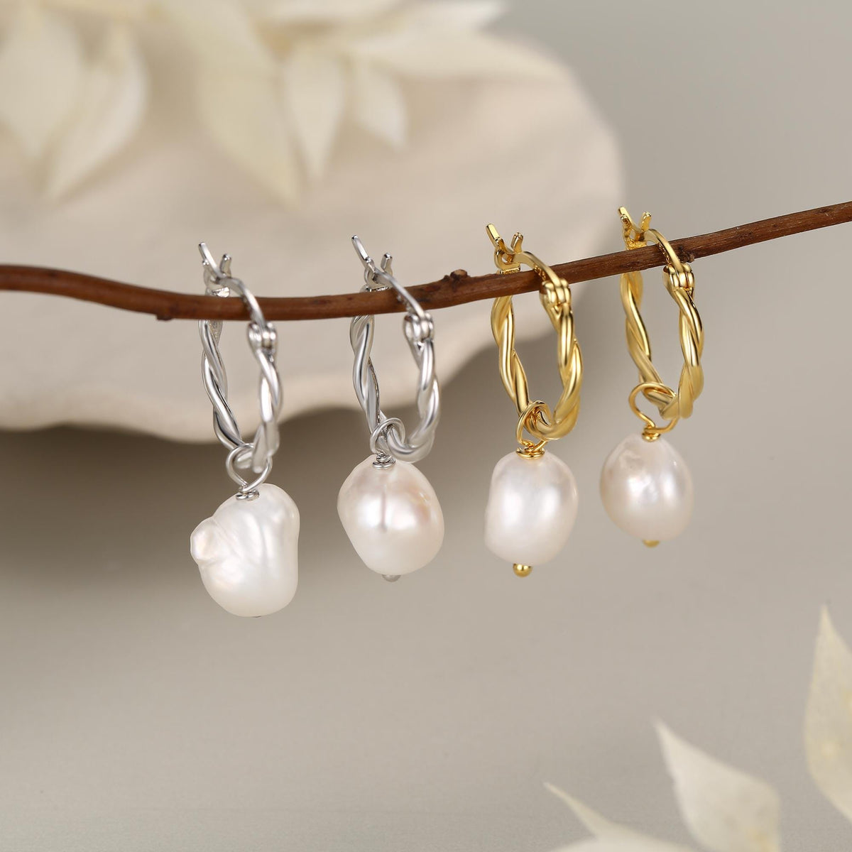 Braided Hoops with Dangling Baroque Pearl Drop Earrings in Sterling Silver