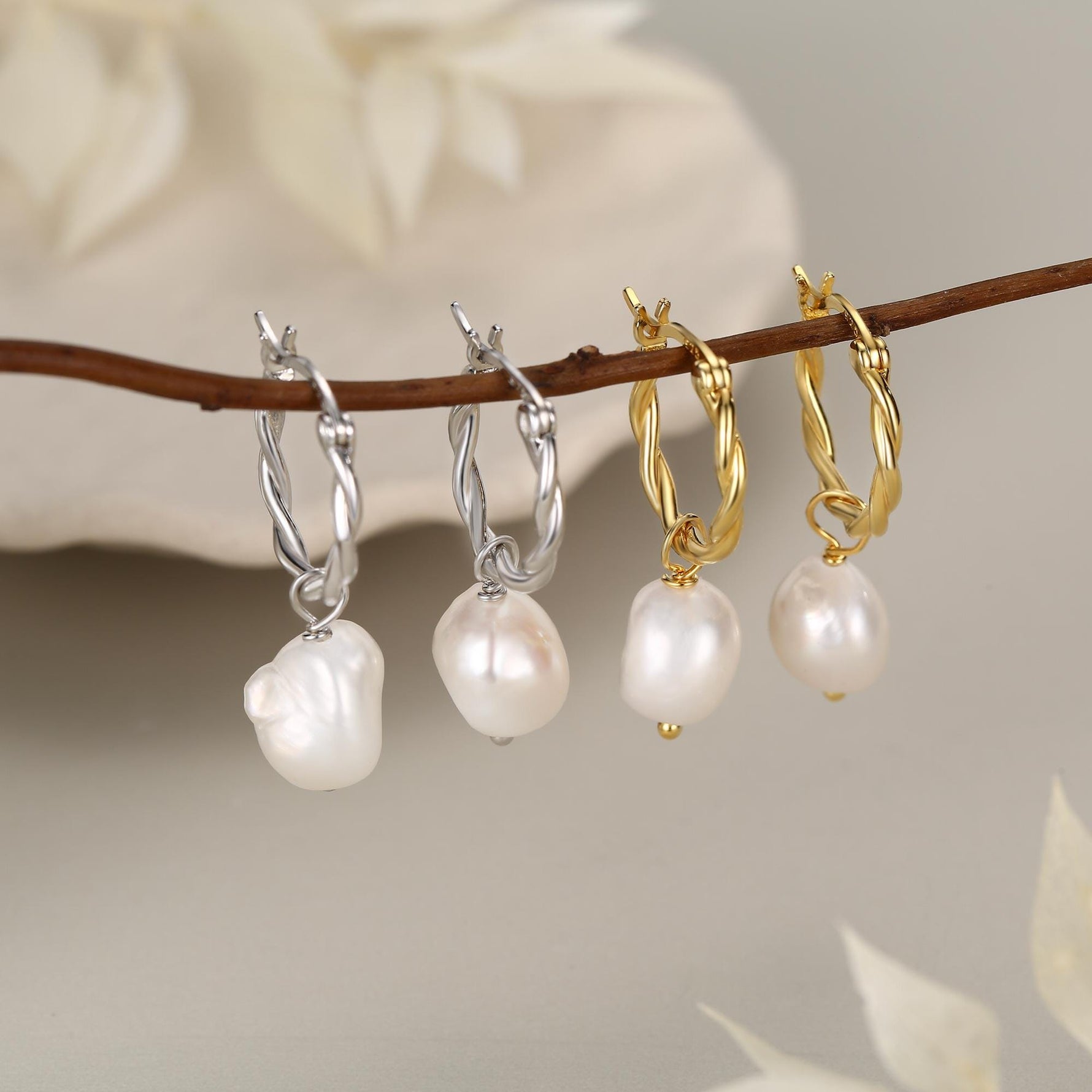 Braided Hoops with Dangling Baroque Pearl Drop Earrings in Sterling Silver