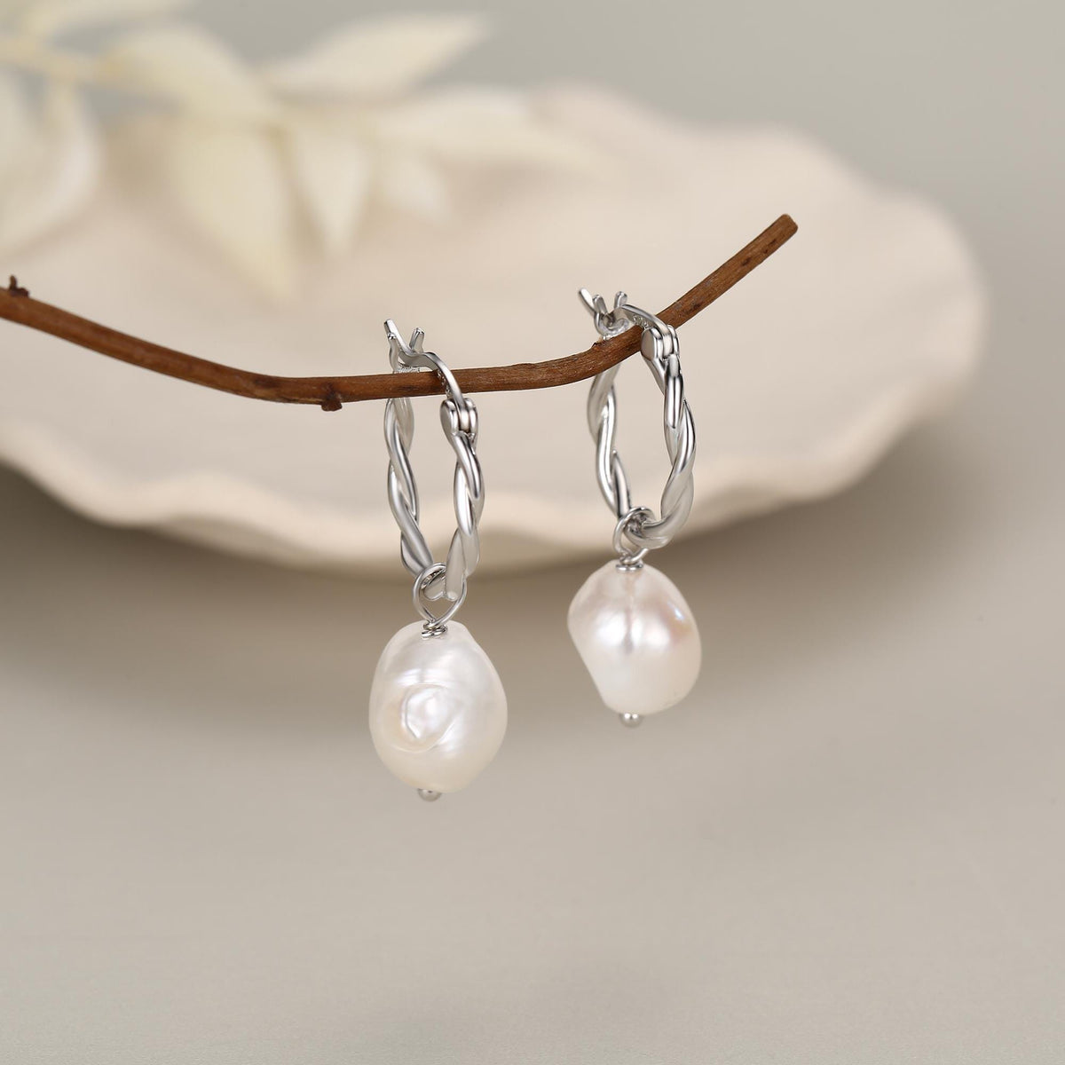 Braided Hoops with Dangling Baroque Pearl Drop Earrings in Sterling Silver