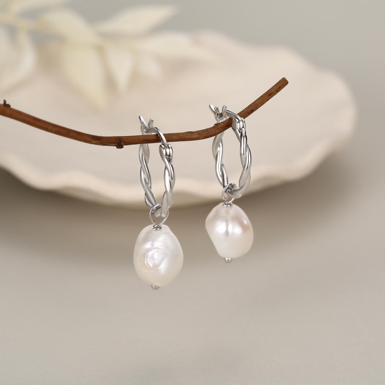 Braided Hoops with Dangling Baroque Pearl Drop Earrings in Sterling Silver