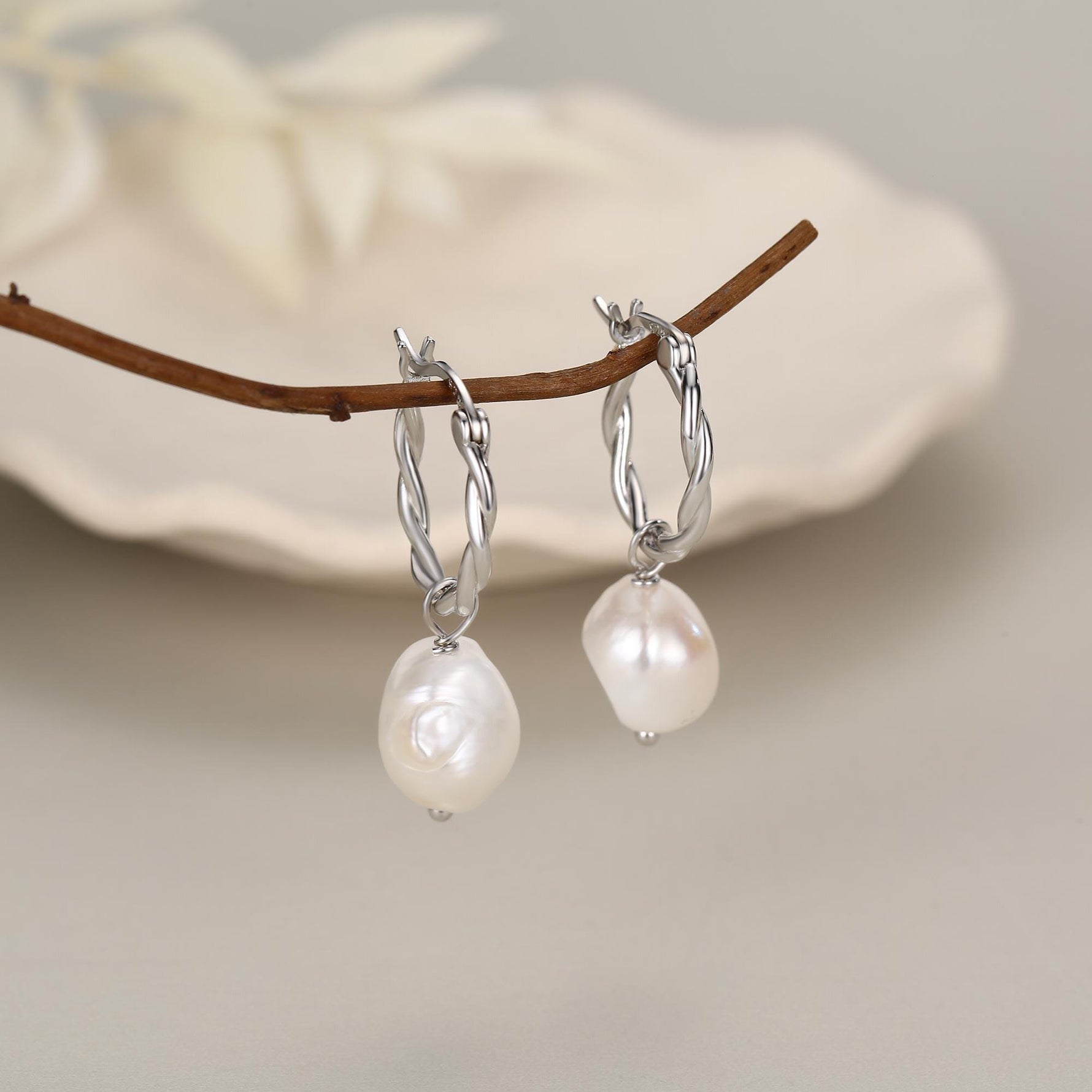 Braided Hoops with Dangling Baroque Pearl Drop Earrings in Sterling Silver