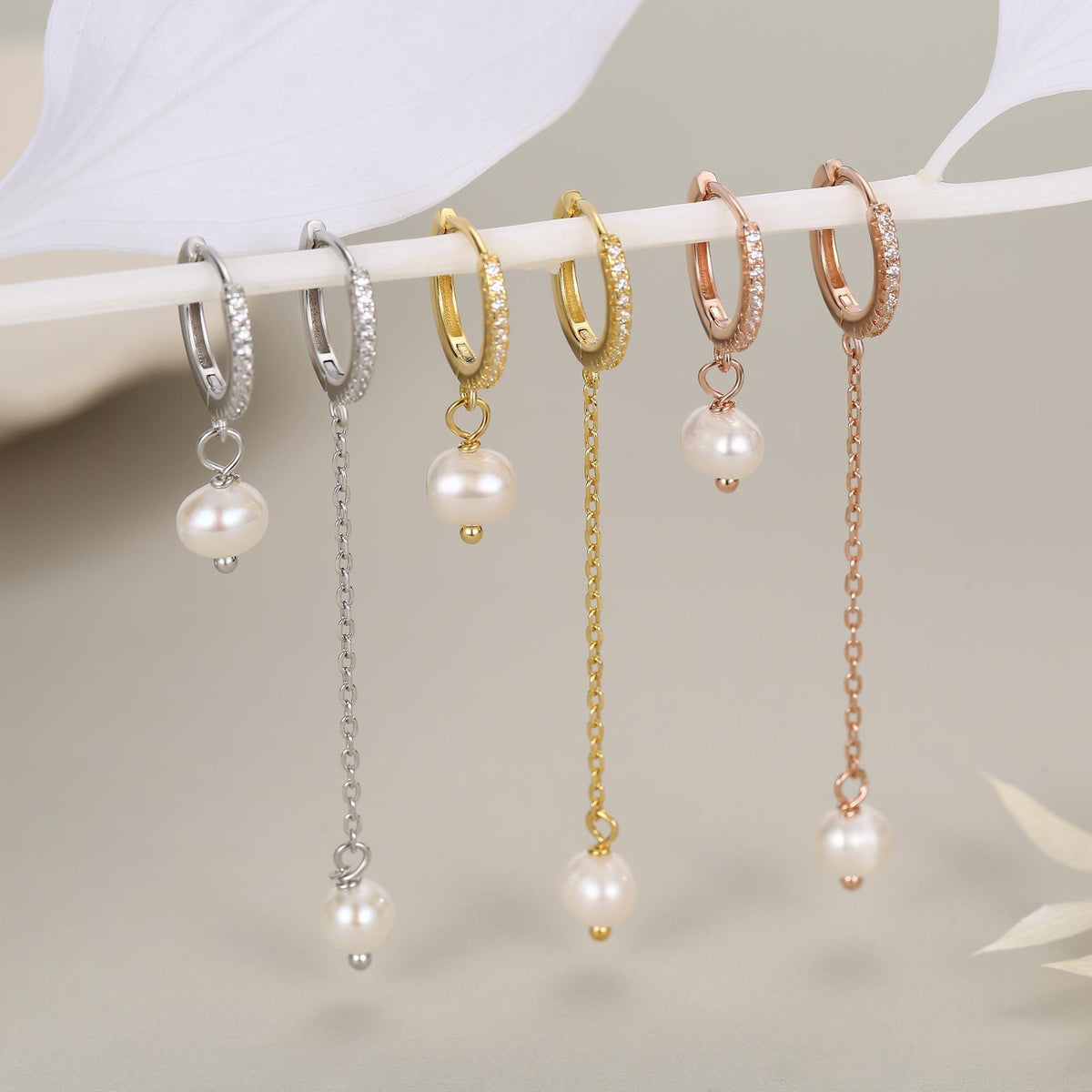 Asymmetric Natural Freshwater Pearl Huggie Hoops Earrings in Sterling Silver