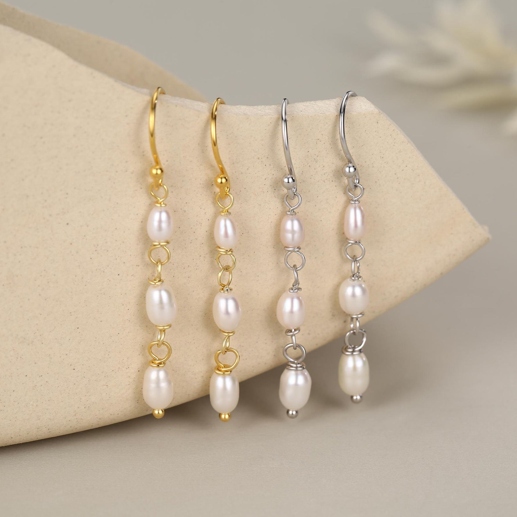 Oval Freshwater Pearl Trio Drop Hook Earrings in Sterling Silver, Silver or Gold, Irregular Shape Pearl Drop Earrings, Natural Pearls